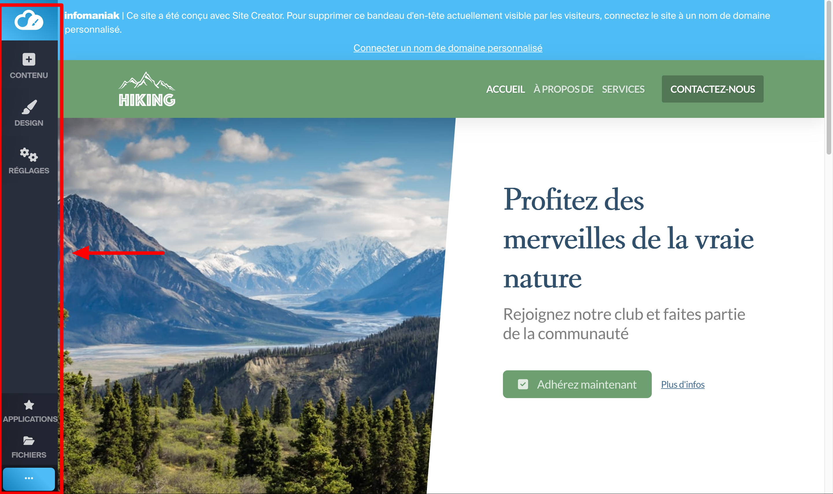 La sidebar du Site Creator d'Infomaniak.