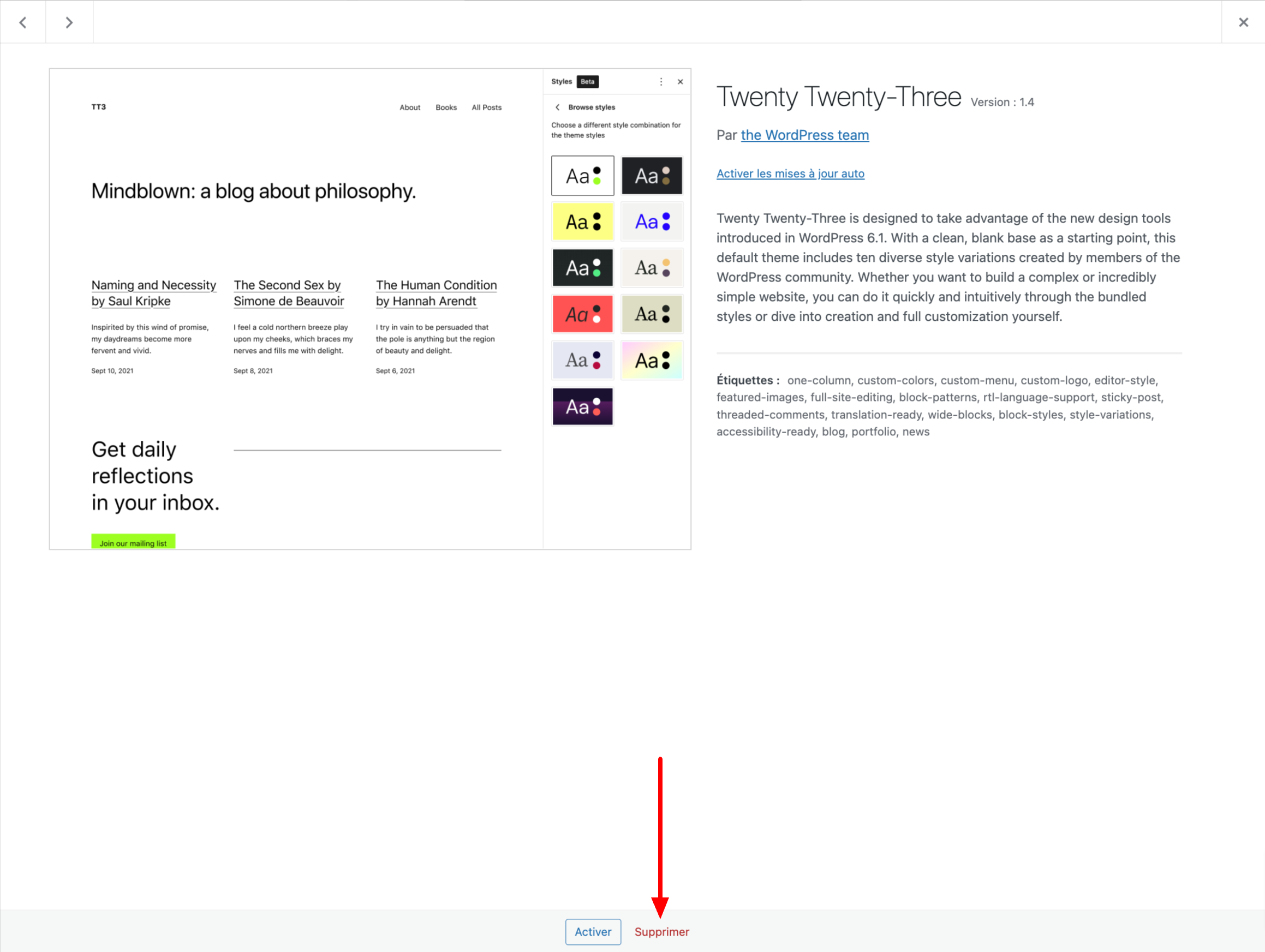 Supprimer un thème WordPress est possible grâce à un bouton dédié sur l'interface des thèmes.