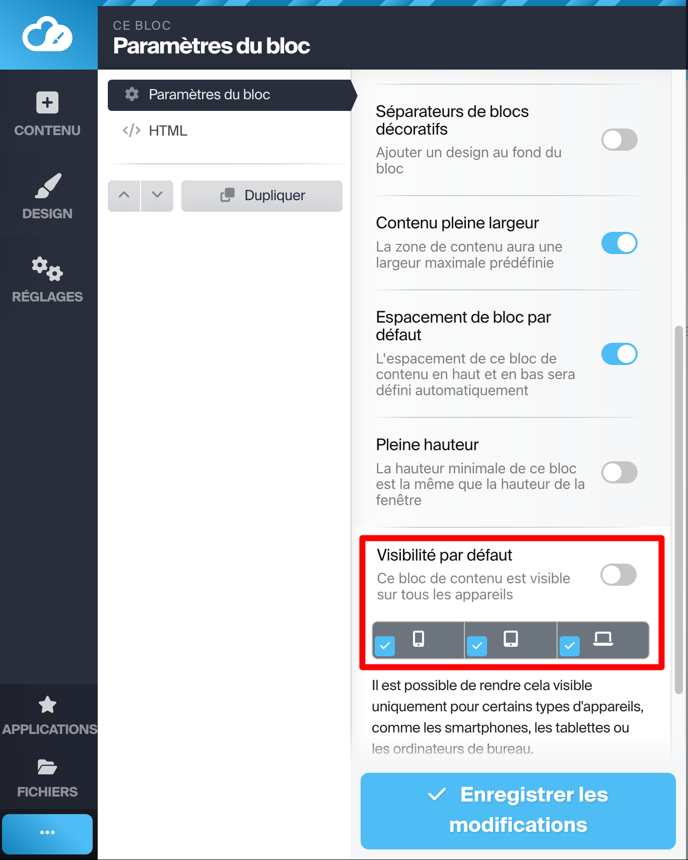 Visibilité par défaut sur le Site Creator d'Infomaniak.