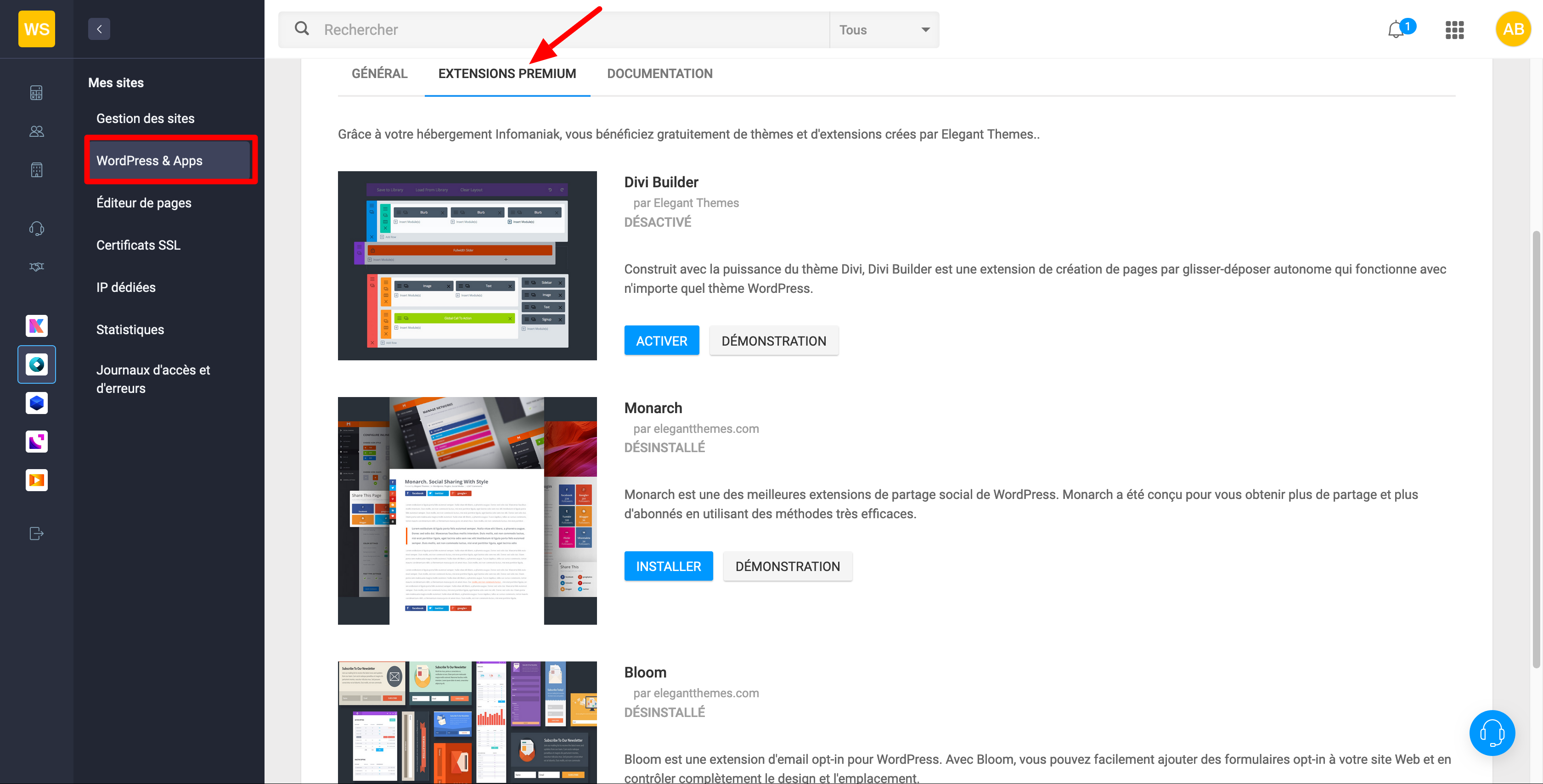 Installation d'extensions premium depuis l'Infomaniak Manager.