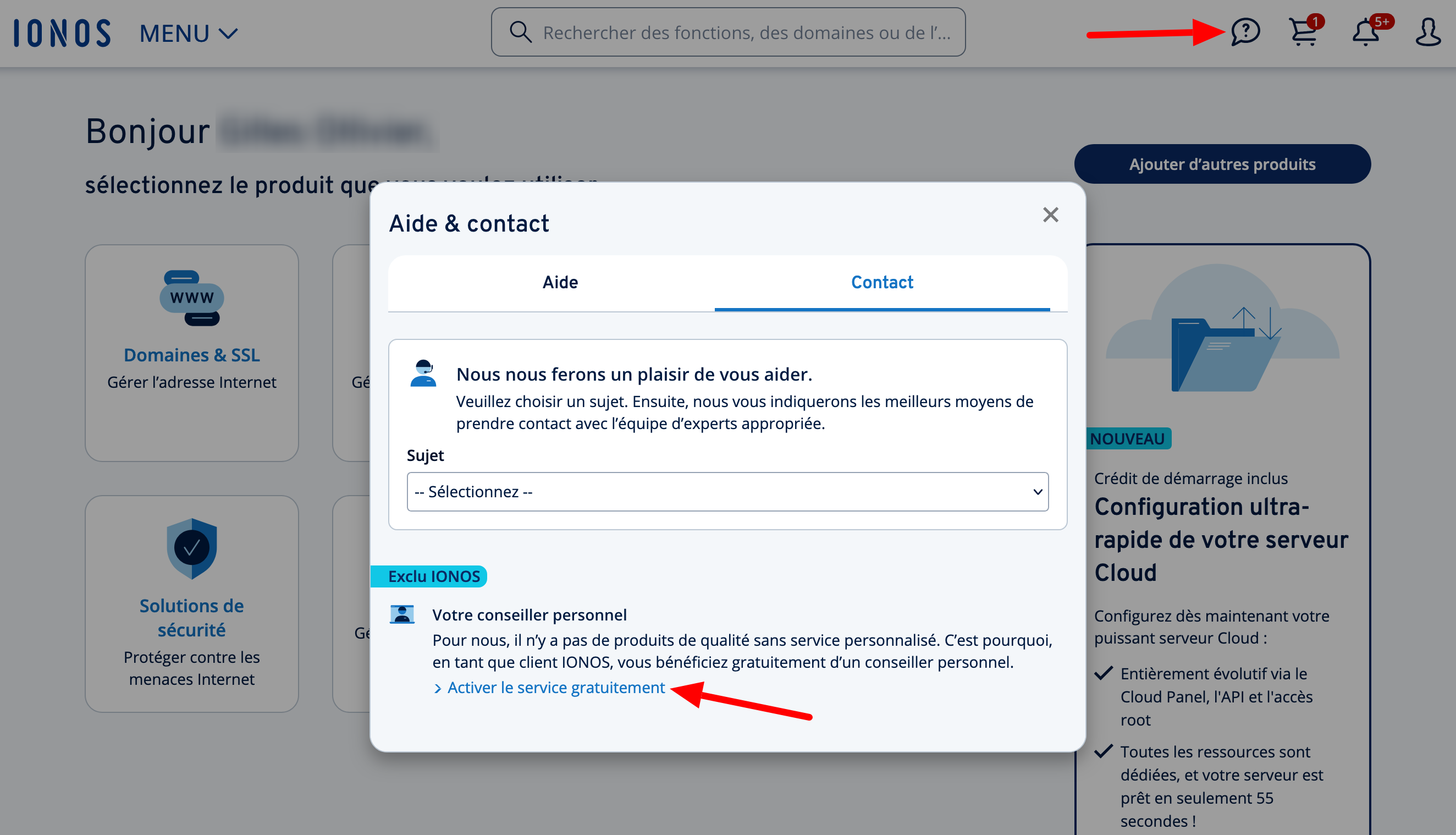 Activation du conseiller personnel chez Ionos.