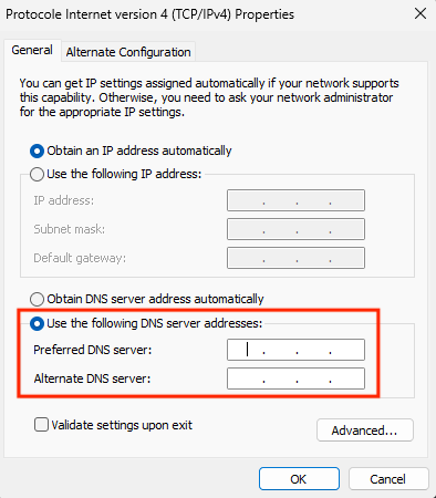 Using a new DNS server in Windows.