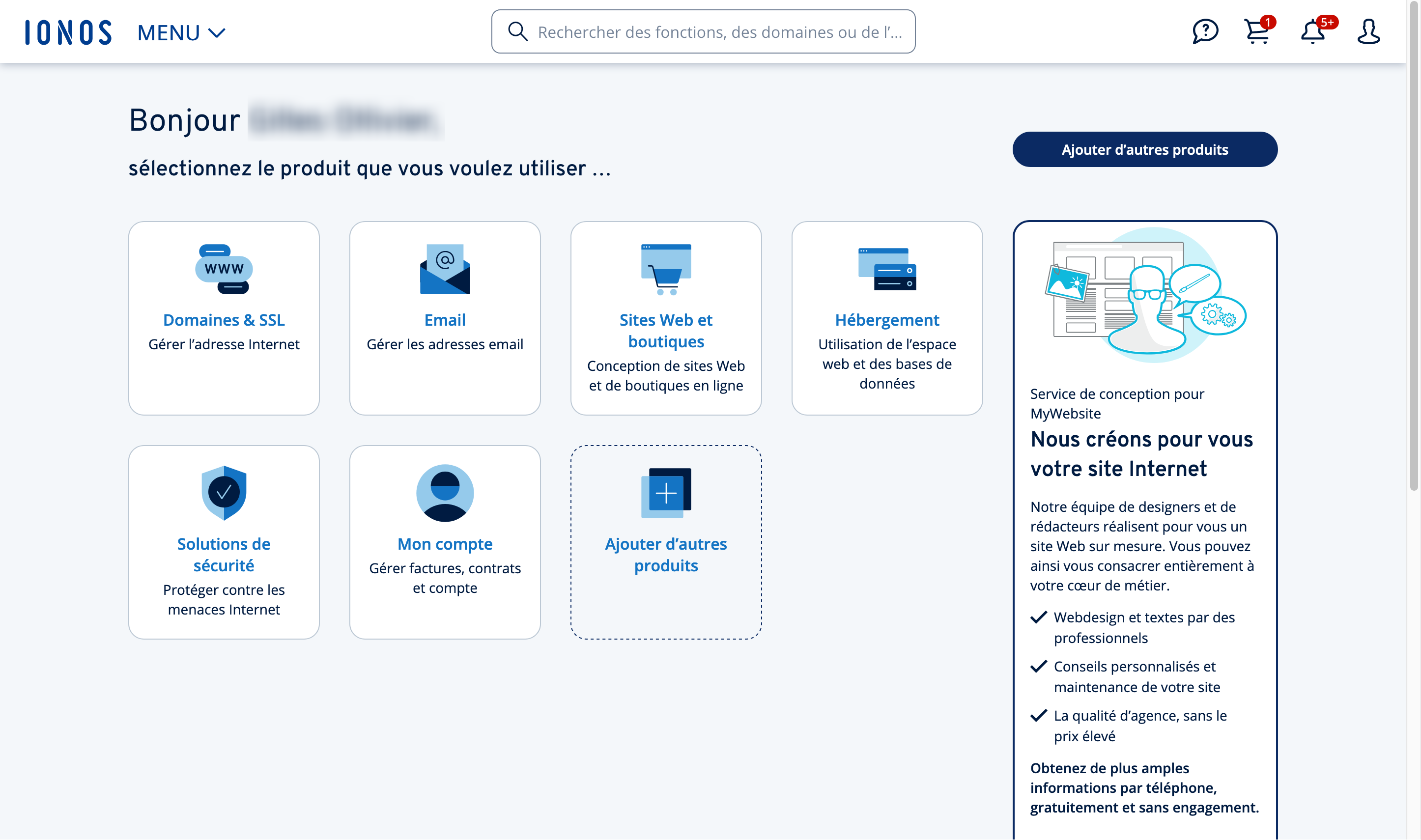 L'interface client de Ionos.