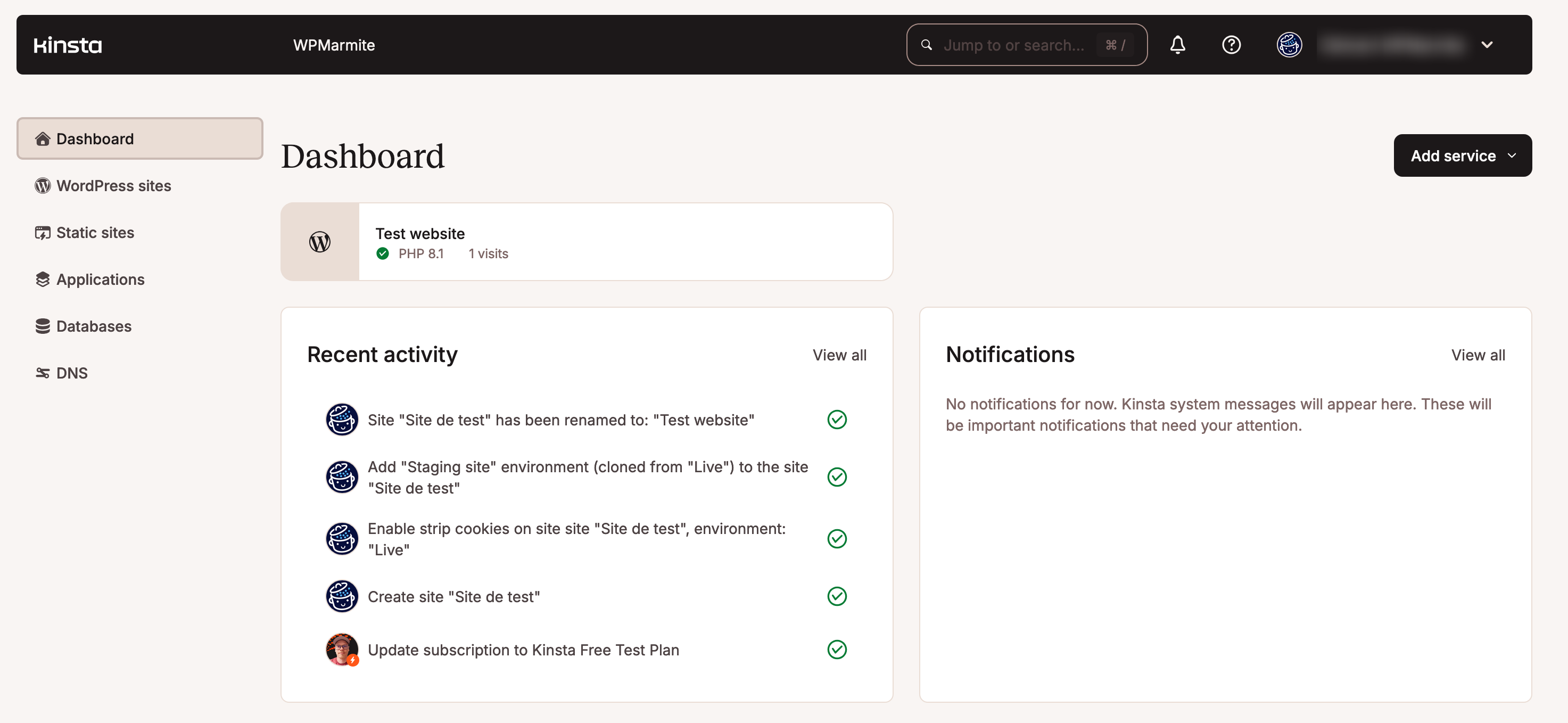 The MyKinsta menu and dashboard.