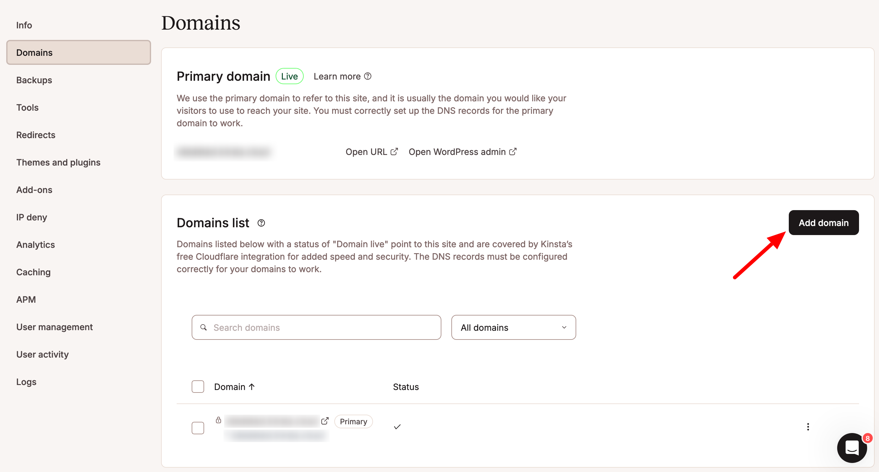 Adding a domain through MyKinsta.