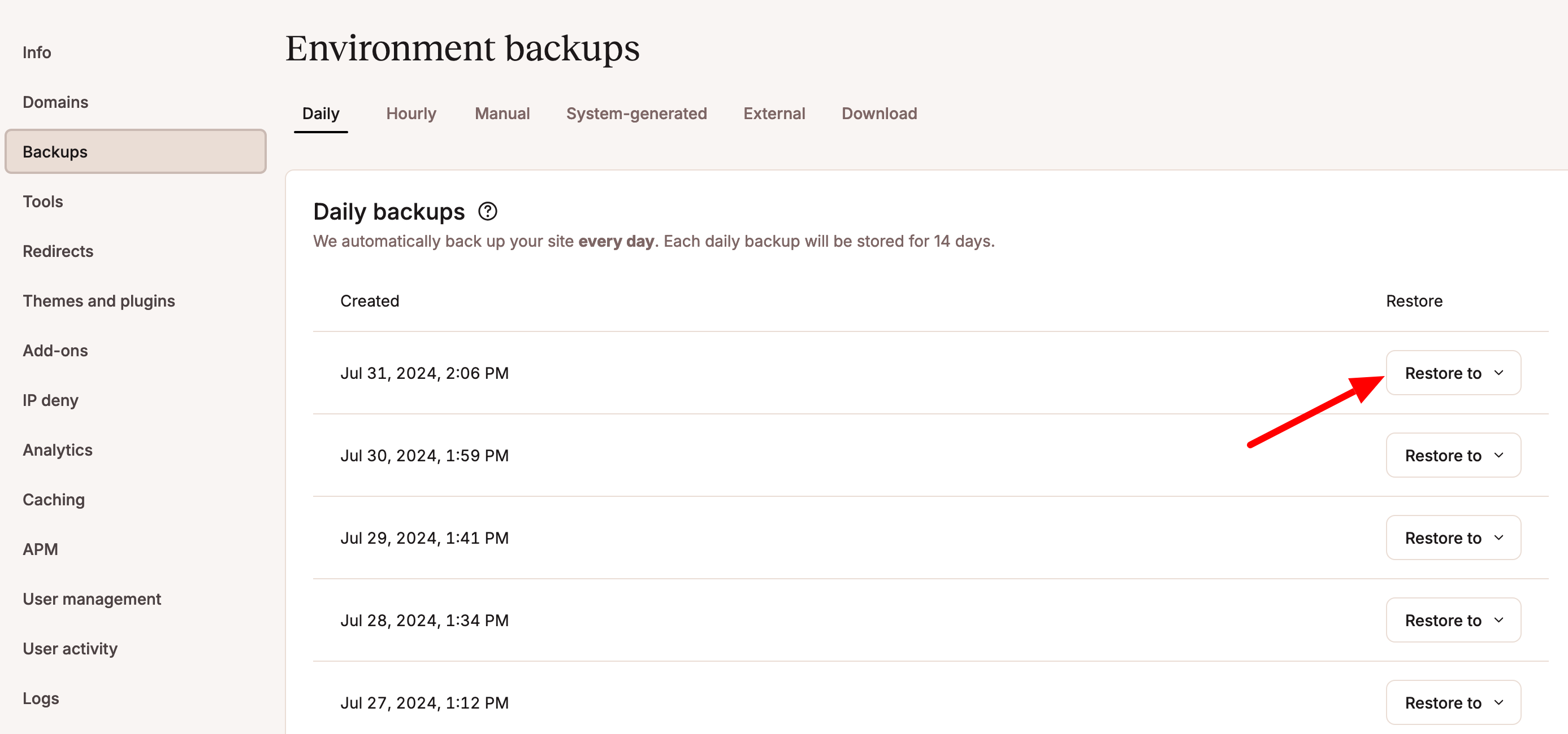 MyKinsta allows you to create and restore backups of your site.