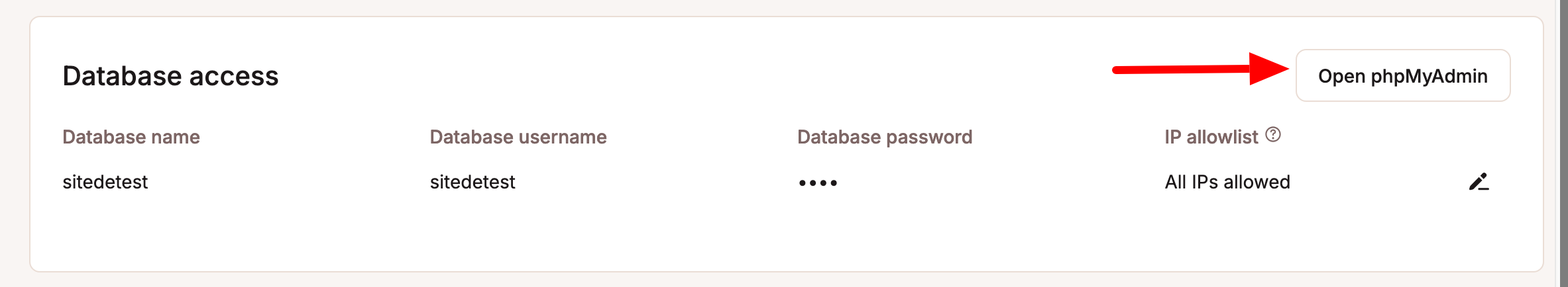 MyKinsta provides direct access to phpMyAdmin.