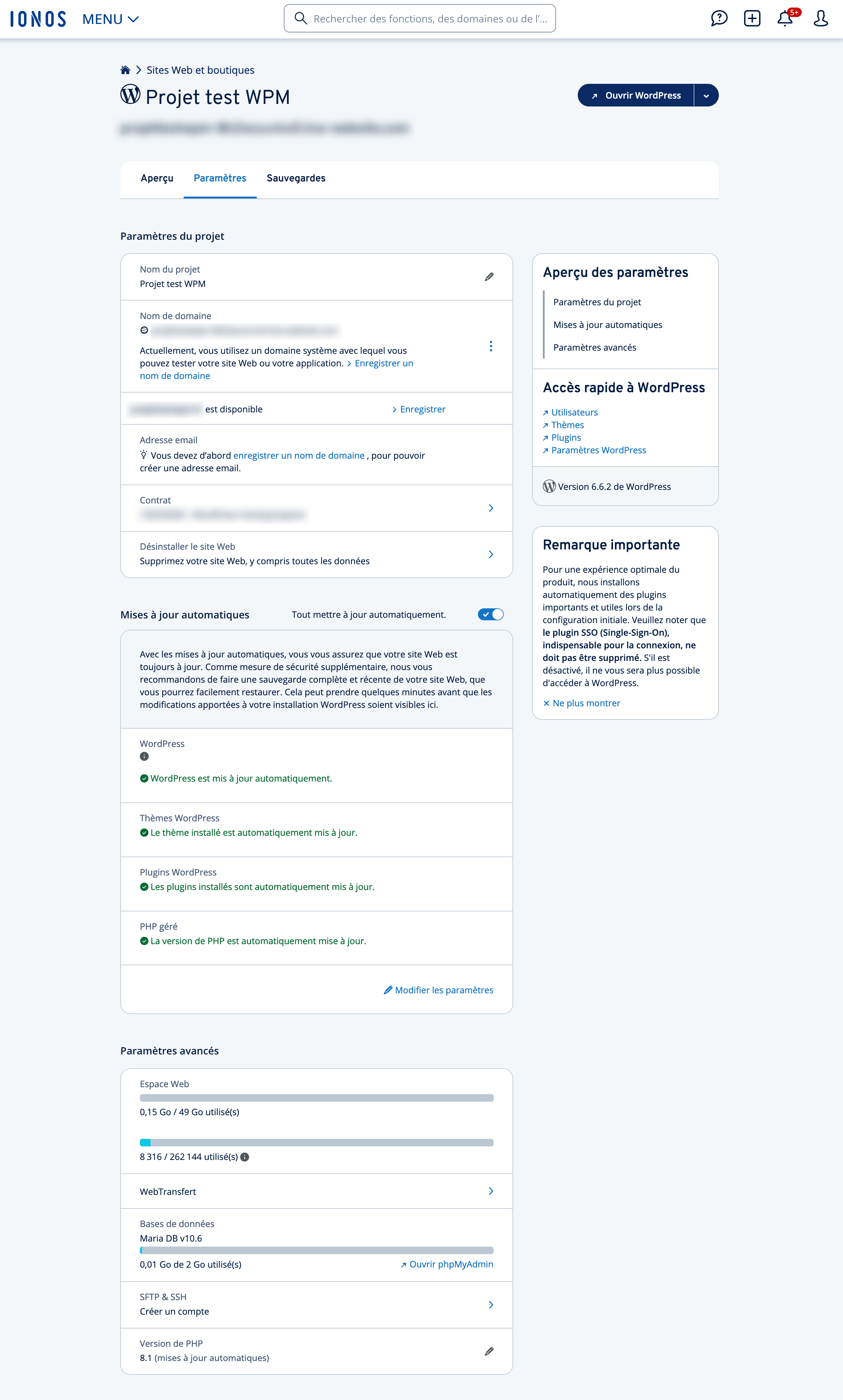 Les paramètres de l'interface d'administration de Ionos.