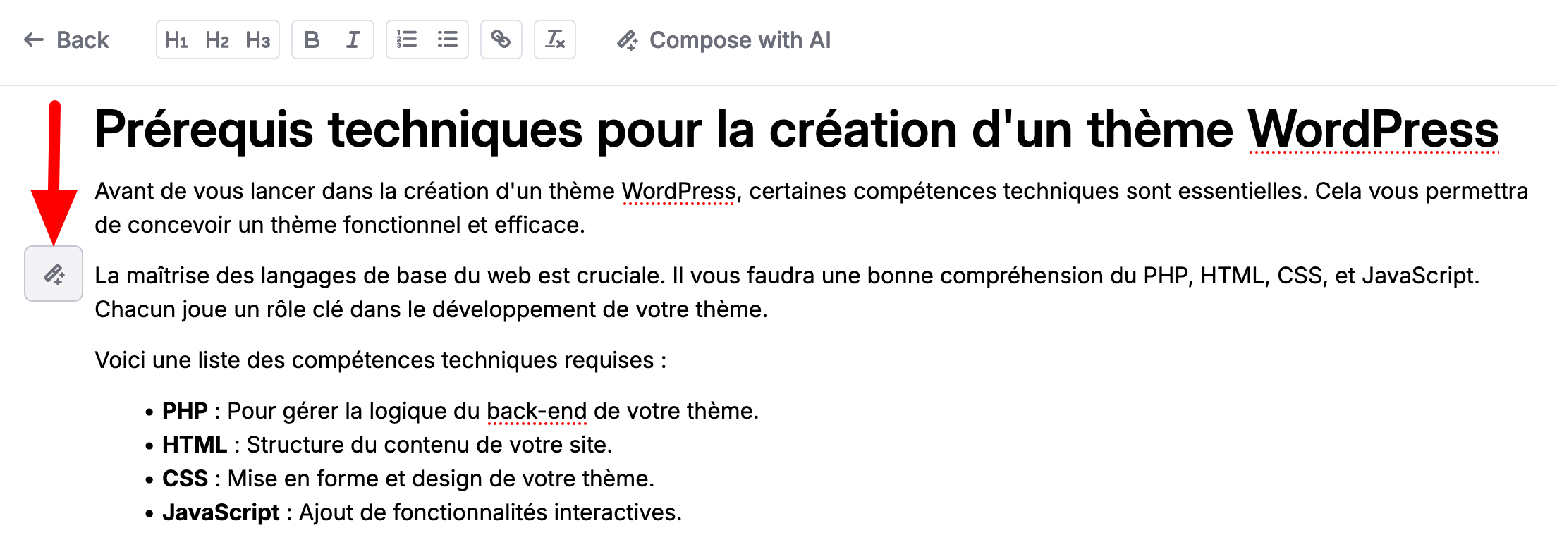 L'icône Ask AI au niveau de l'éditeur de texte.