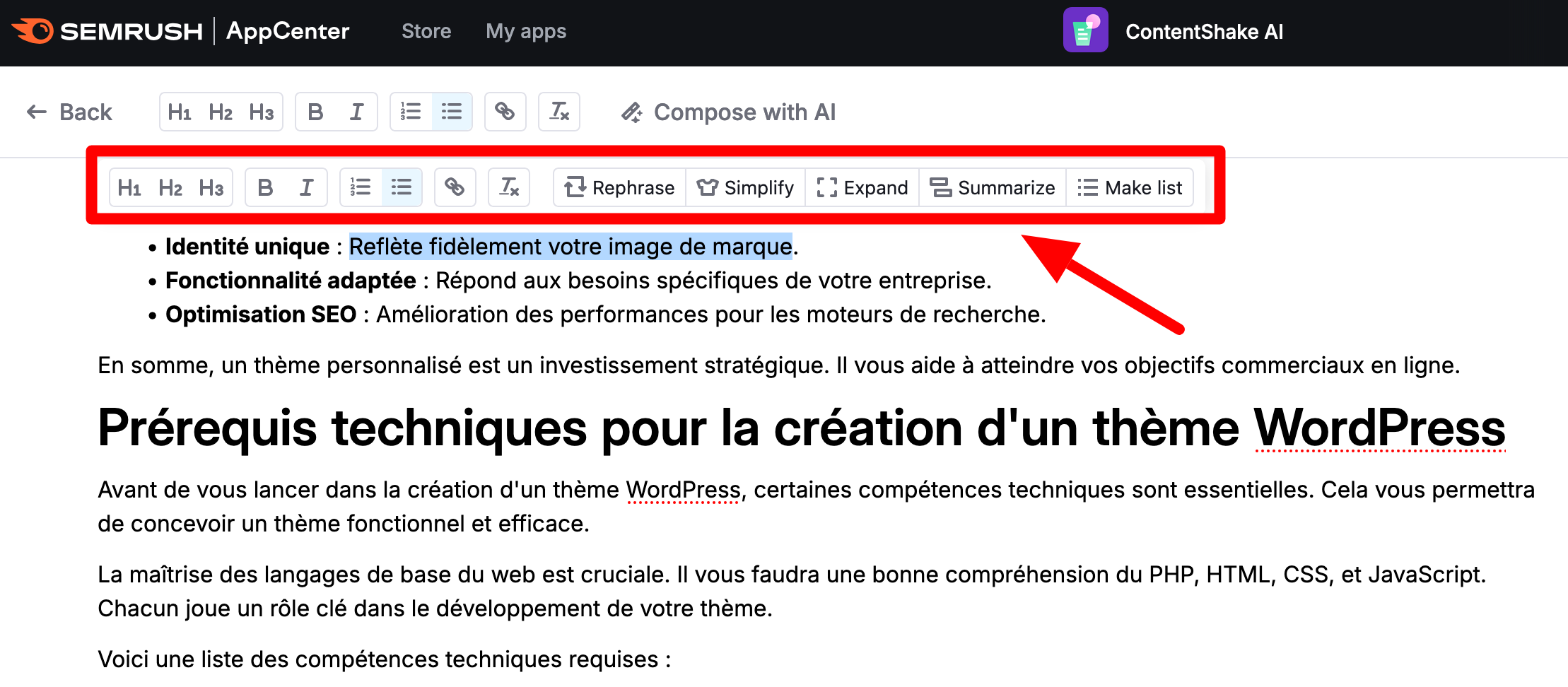 Plusieurs options sont disponibles au surlignage d'un texte.