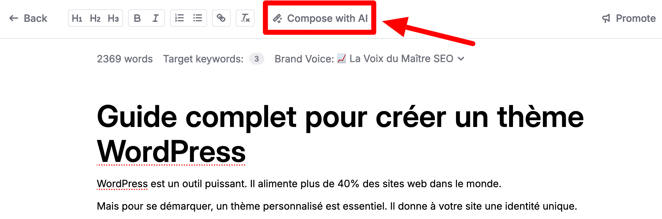 L'option Compose with AI de ContentShake AI.