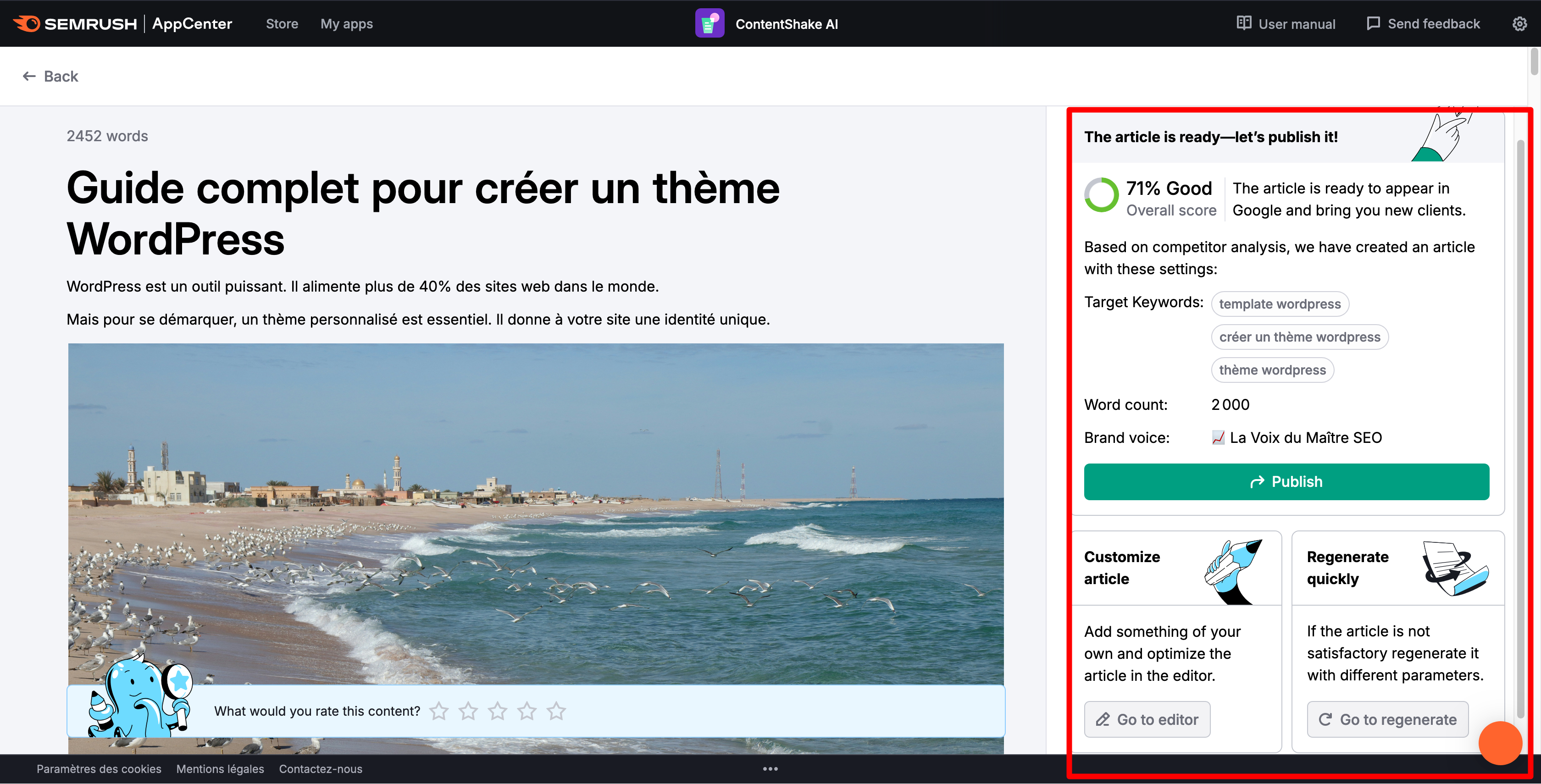 Un article ContentShake AI peut être personnalisé et regénéré.