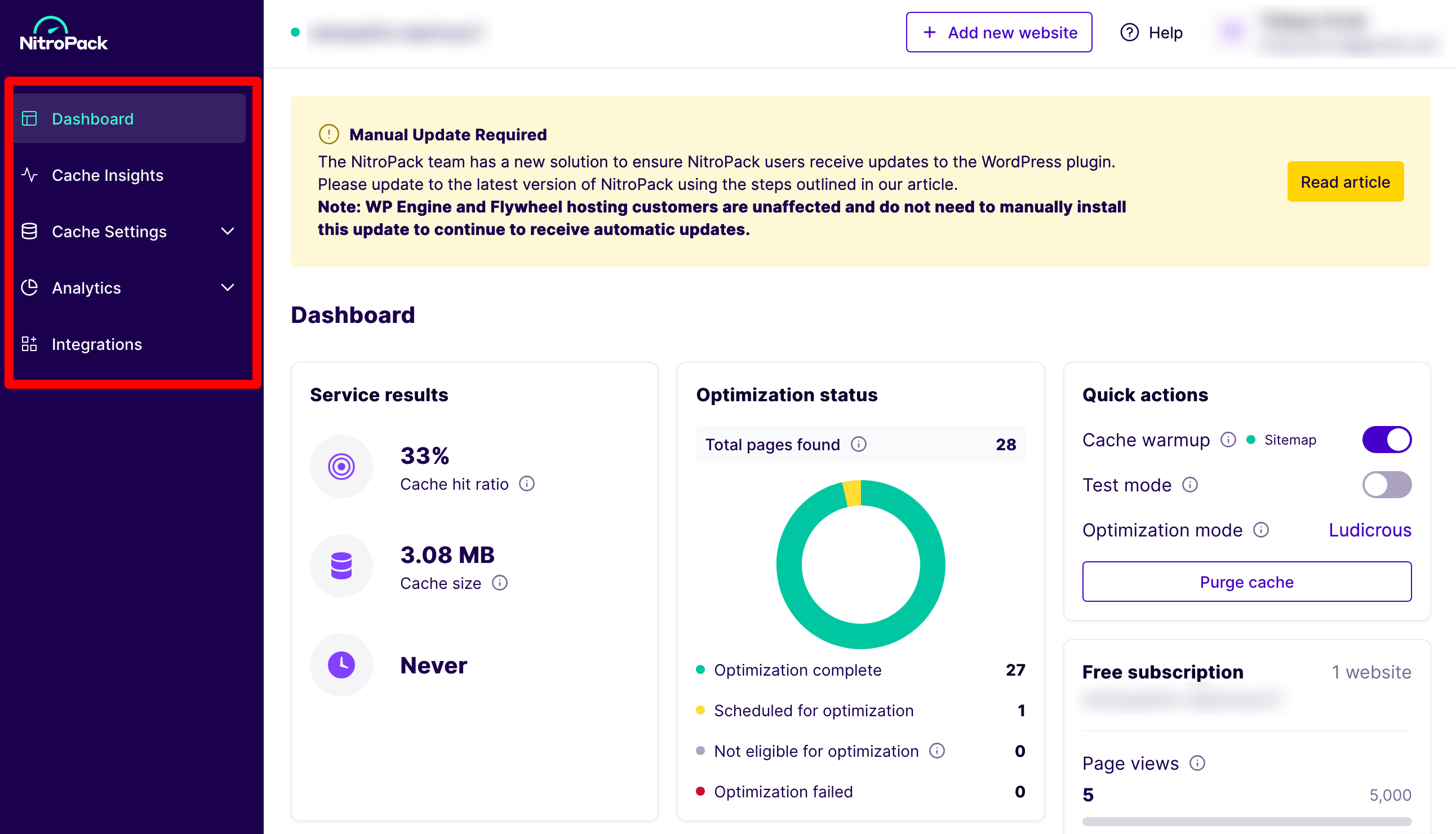 L'interface client de NitroPack.