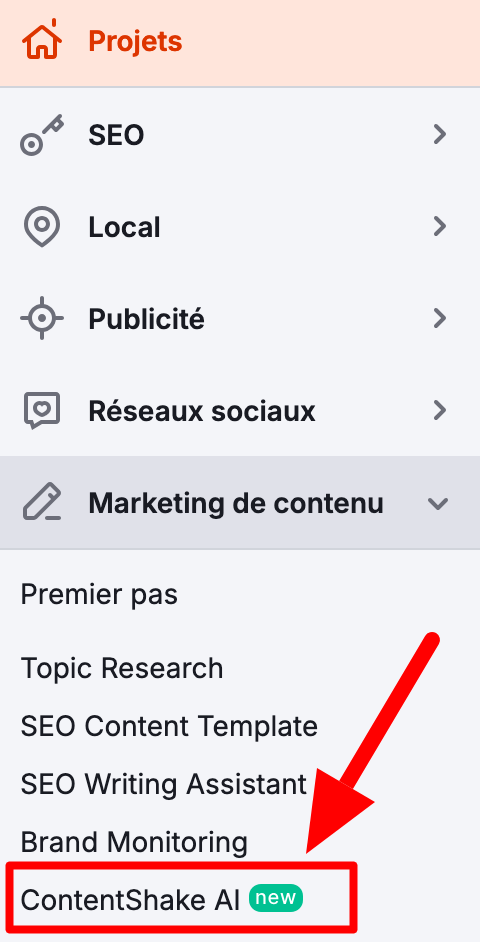 Le menu ContentShake AI de Semrush