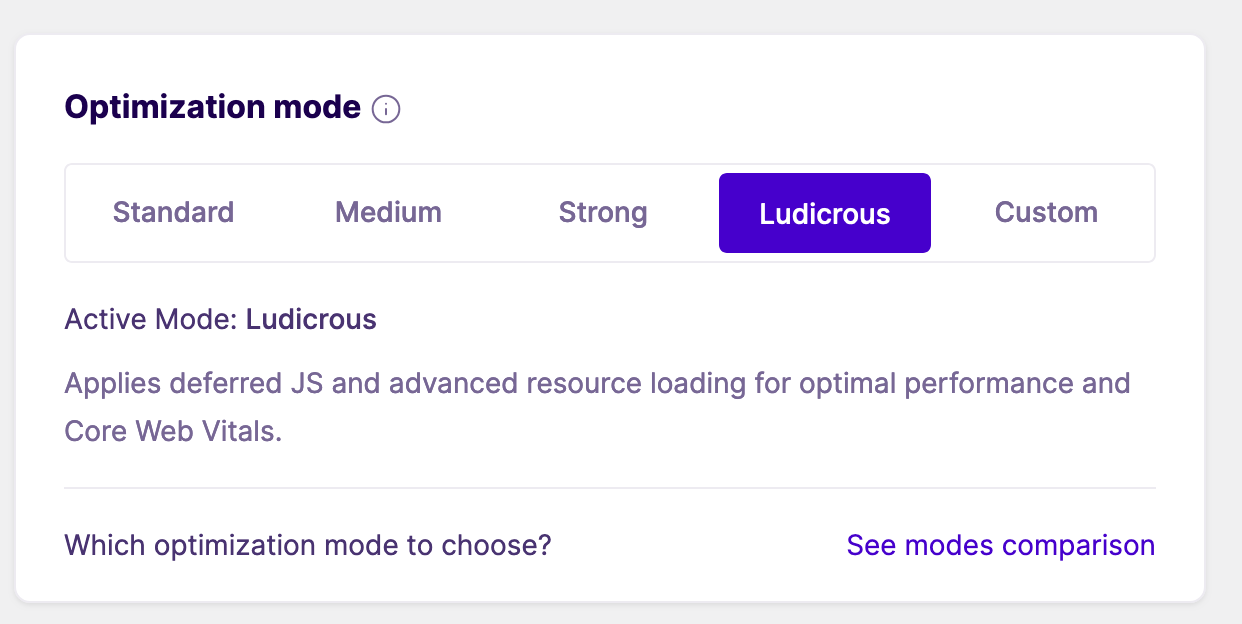 NitroPack propose plusieurs modes d'optimisation.