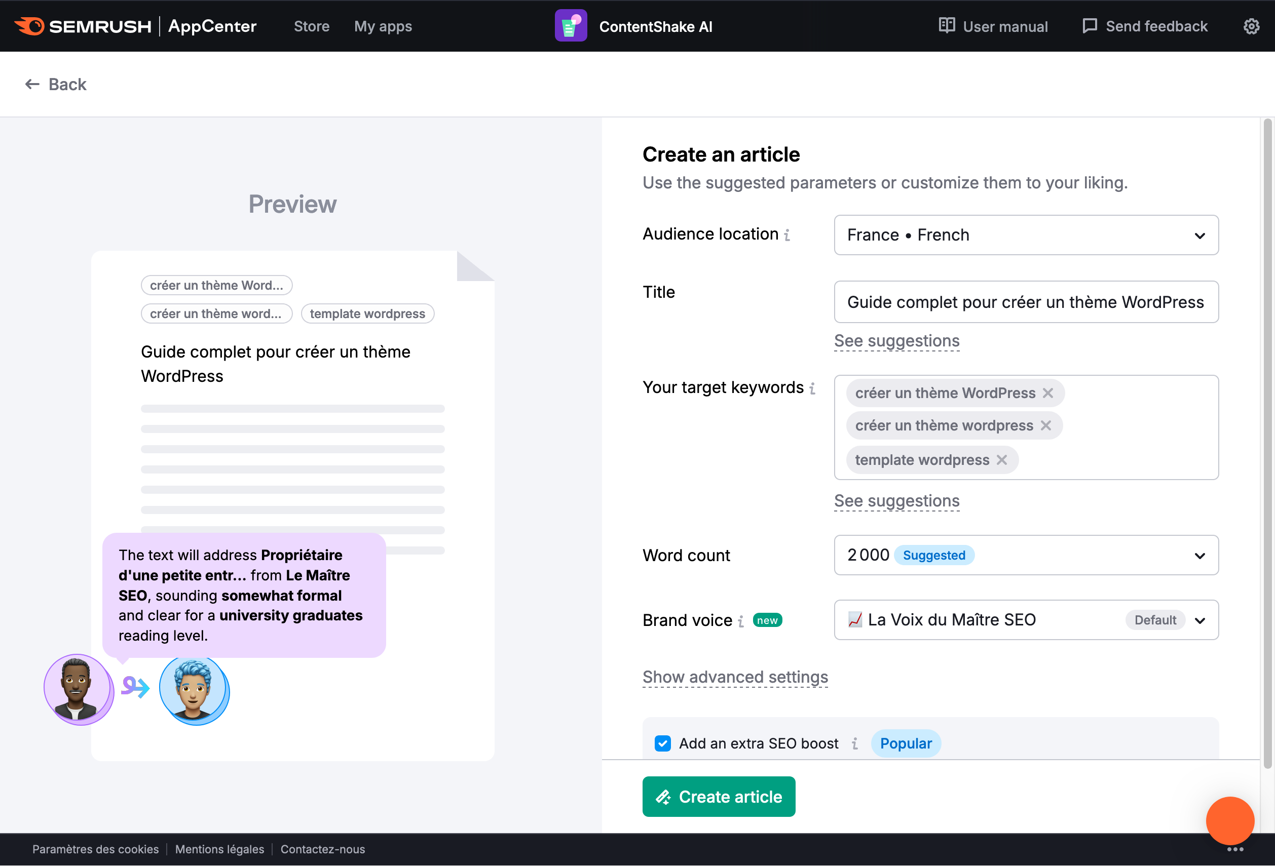 Paramètres de création d'un article de ContentShake AI.