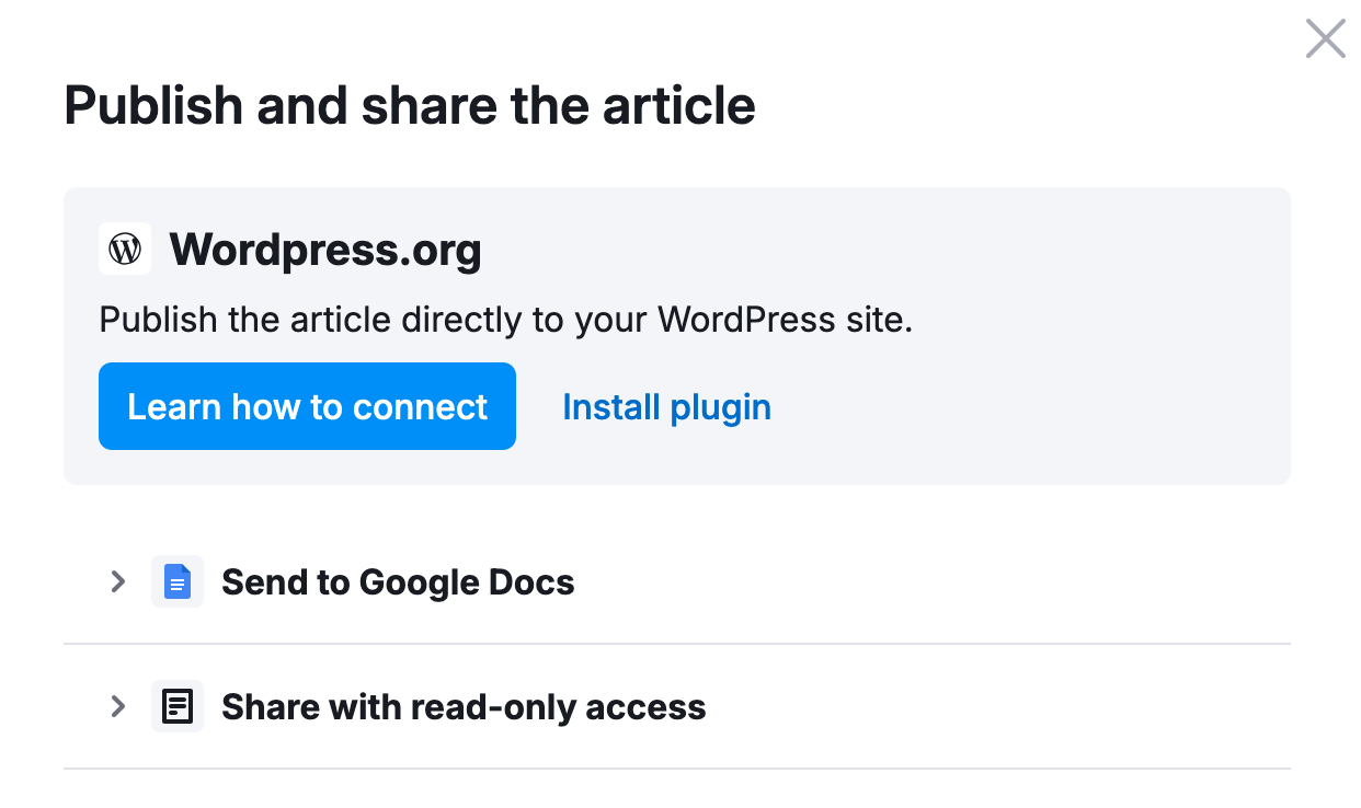 Un contenu créé avec ContentShake AI peut être publié sur WordPress et Google Docs.