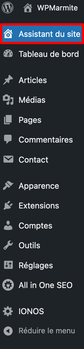 L'hébergement WordPress de Ionos propose une option Assistant du site.