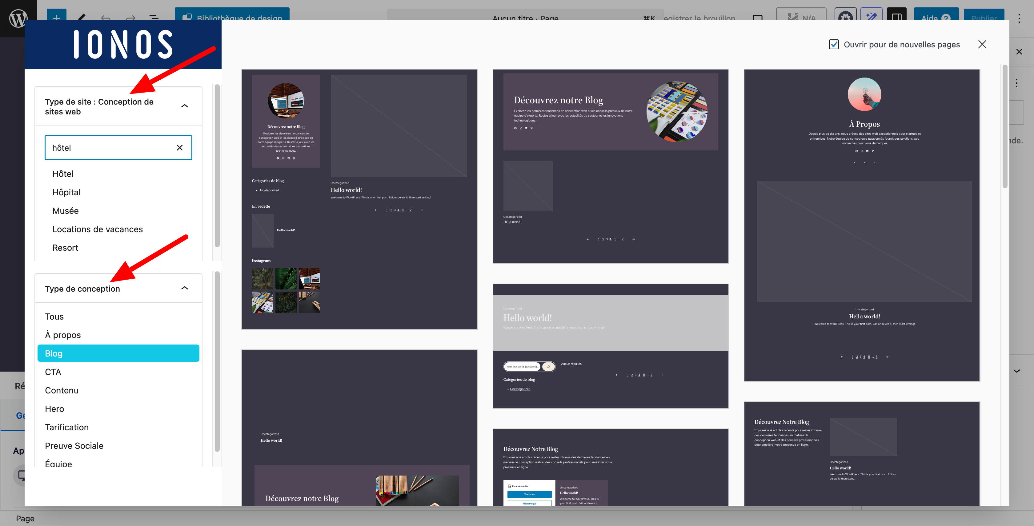 L'interface de la bibliothèque de designs de Ionos.