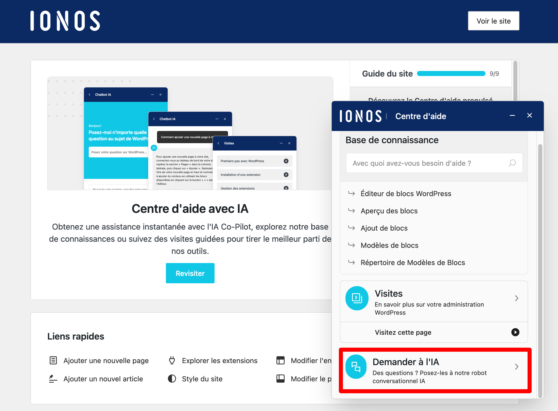 L'hébergement WordPress de Ionos propose un chatbot basé sur l'IA.