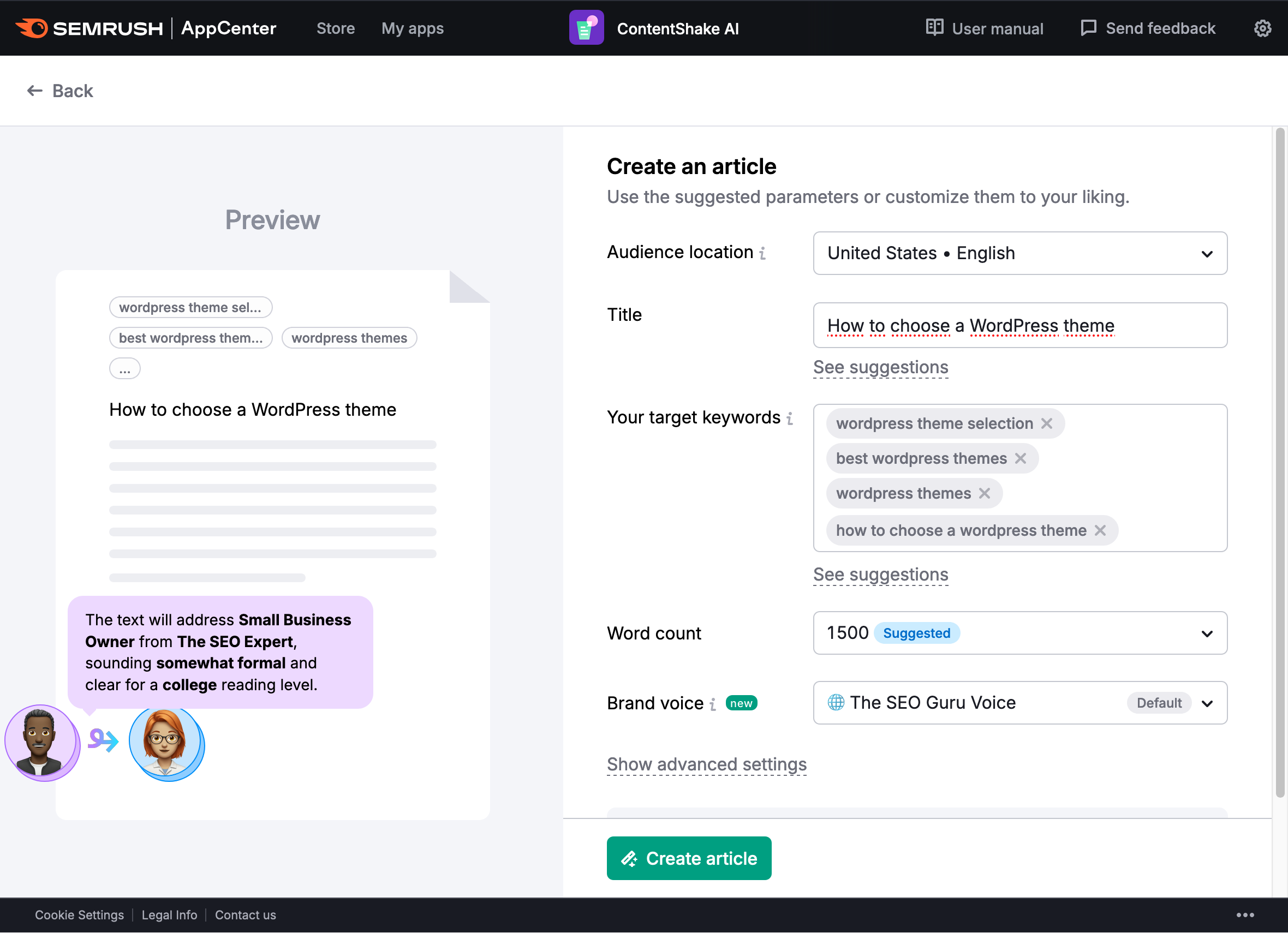 Setting parameters for an article generated by ContentShake AI.