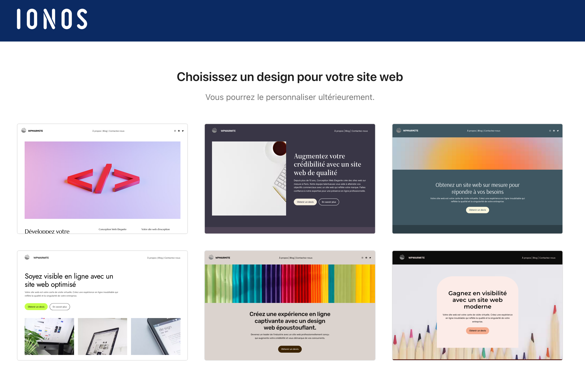 Ionos propose différents designs de sites.