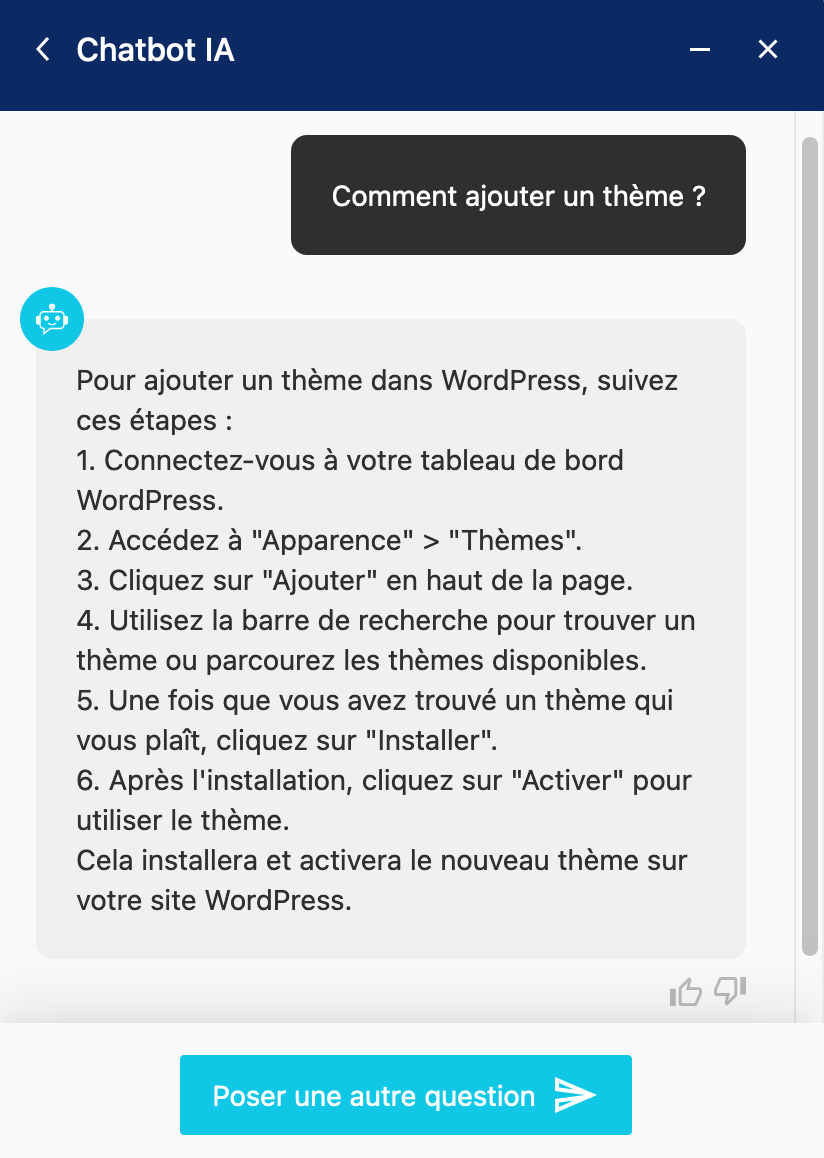Réponse à une question par le chatbot IA de Ionos sur WordPress.