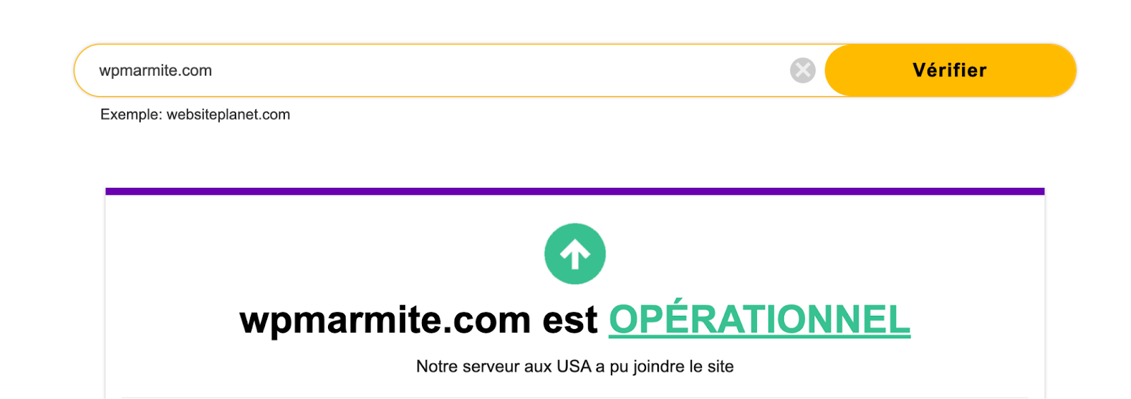 L'outil Is Website Down for Everyone or Just You? indique que WPMarmite.com est bien opérationnel.