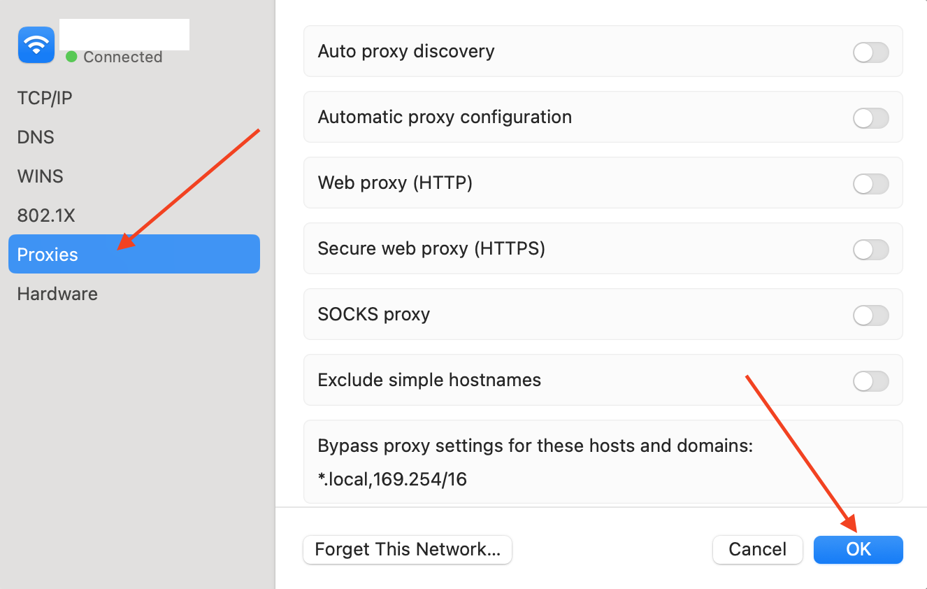 The "Proxies" tab in the "network details" menu in MacOS System Preferences, showing red arrows pointing to "Proxies" and the blue "OK" button.