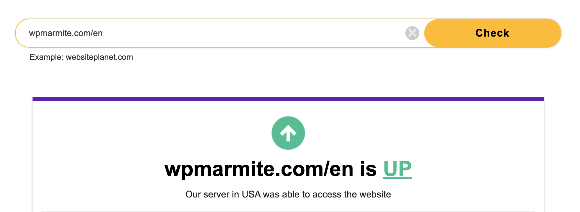 The "Is Website Down for Everyone or Just You?" tool displays the message that wpmarmite.com/en is up.