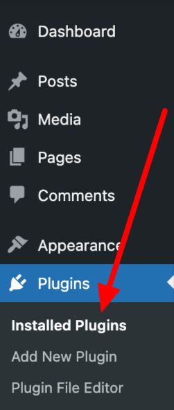 Screenshot of the WordPress sidebar with a red arrow pointing to "Installed Plugins."