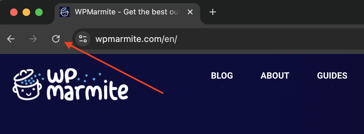 A screenshot of WPMarmite's website, with a red arrow pointing to the reload button in the browser.