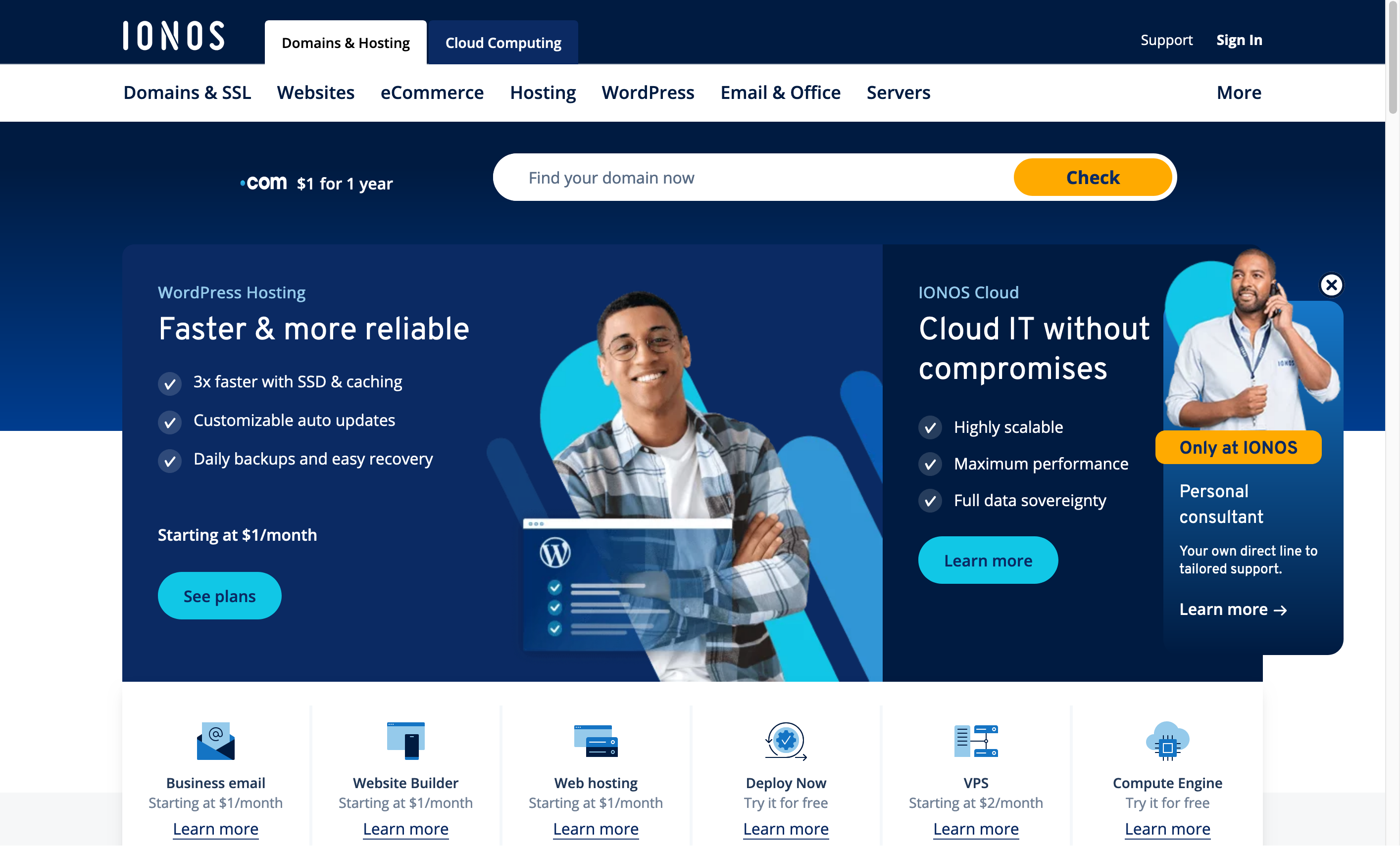 Screenshot of the IONOS home page.