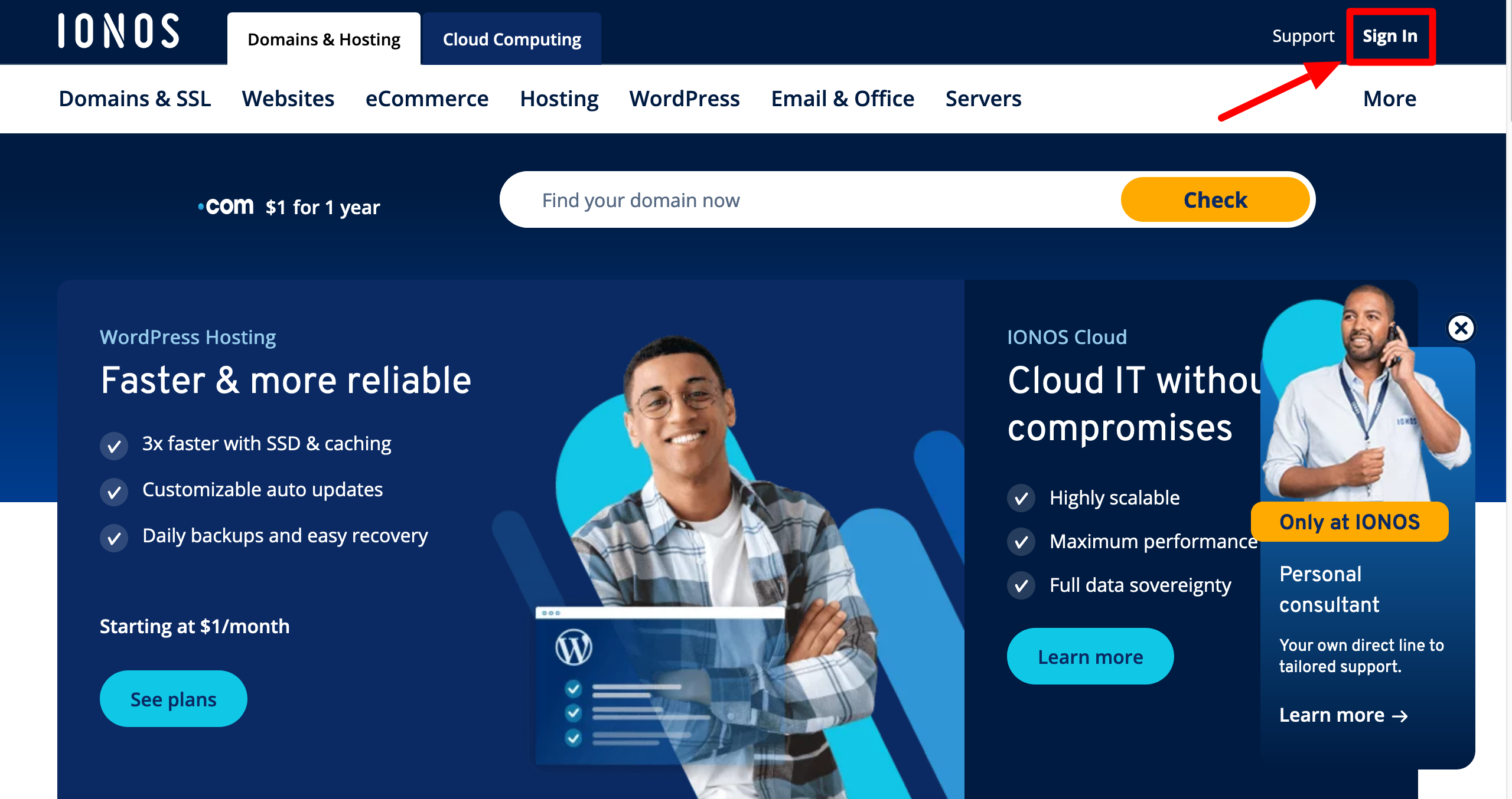 The IONOS home page with a red arrow pointing to the "Sign In" button in the top right corner.