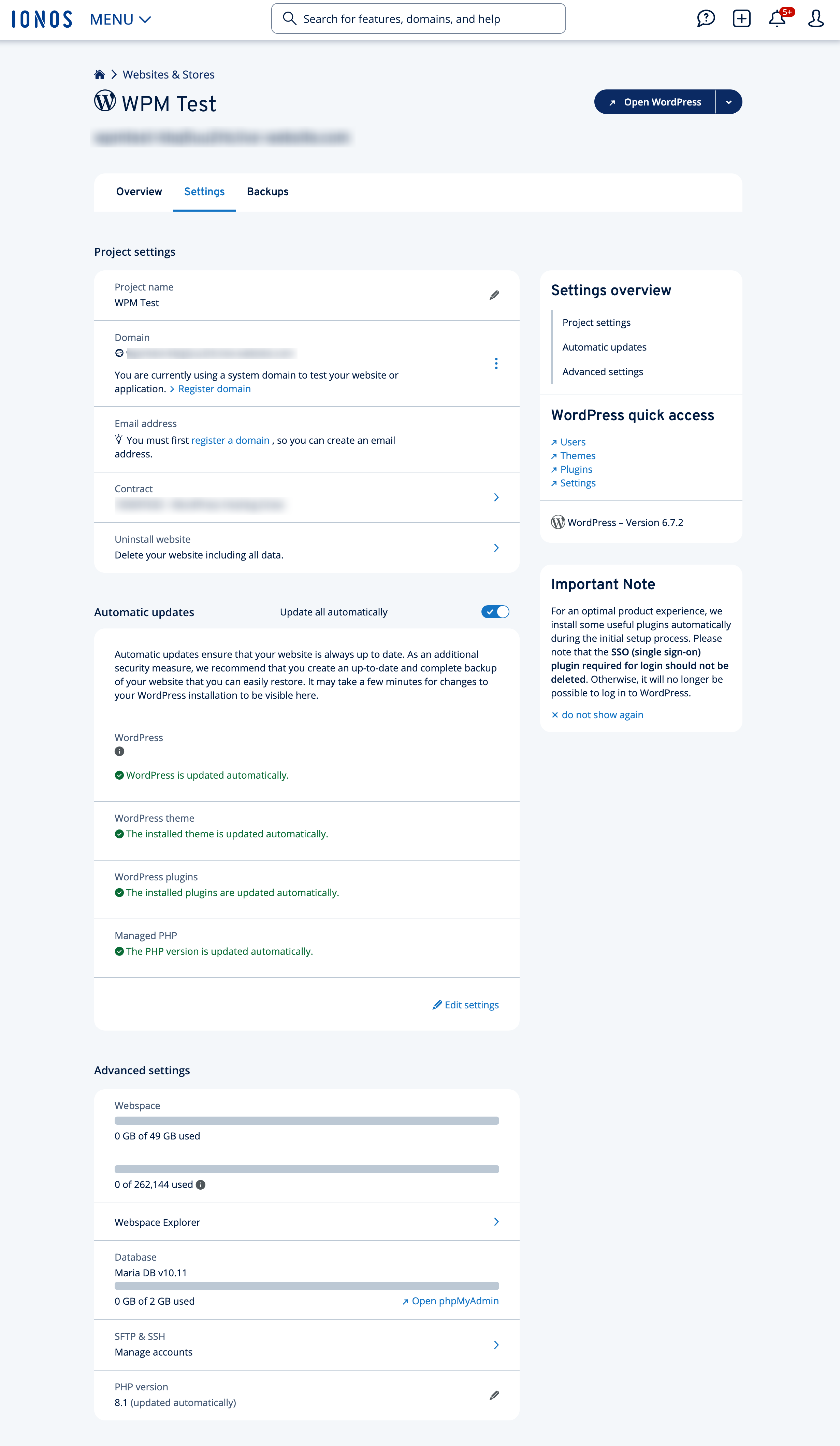 Screenshot of the settings tab in the IONOS "Websites and Stores" menu.