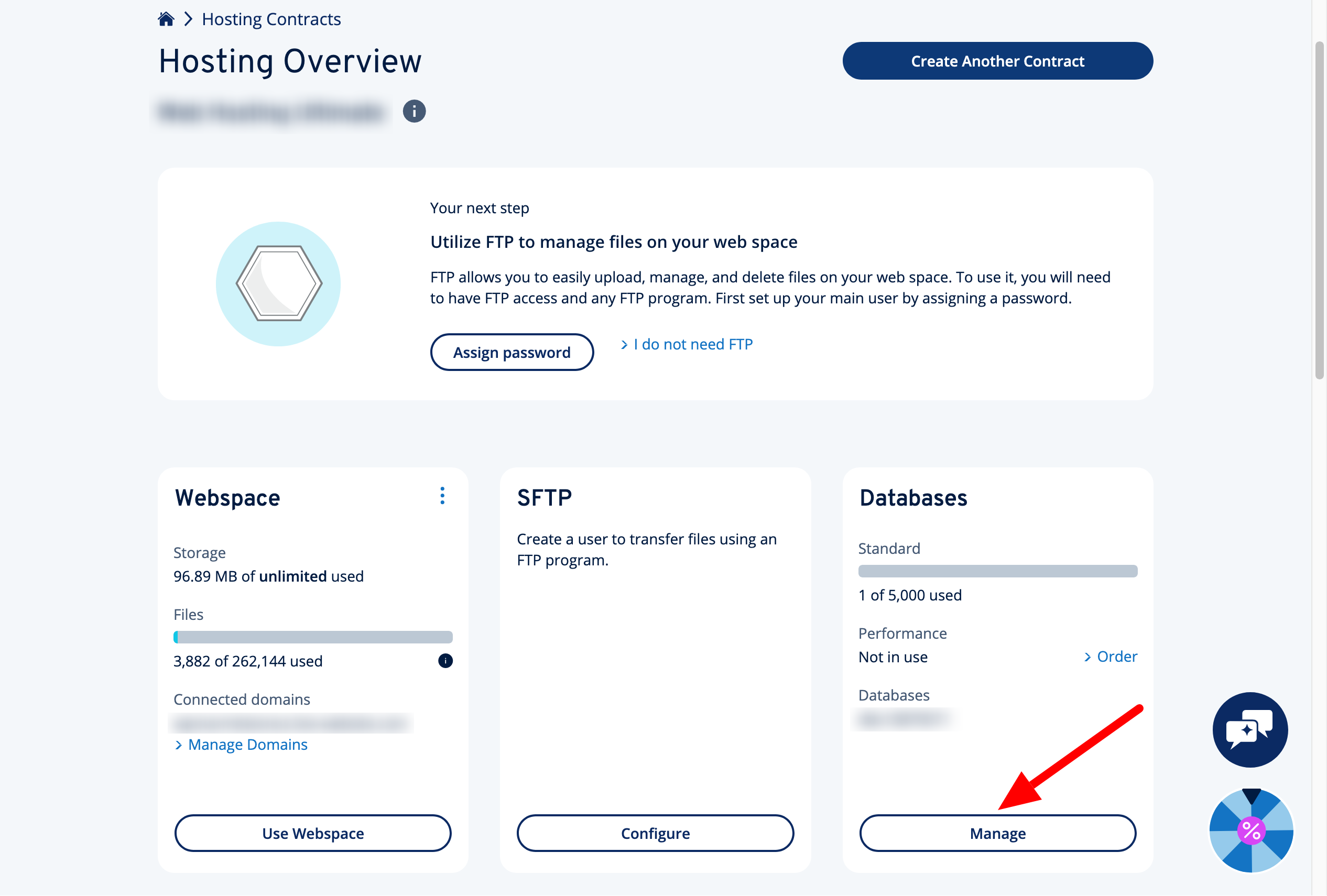 The "Hosting Overview" page in My IONOS, with a red arrow pointing to the "Manage" button in the bottom right corner.