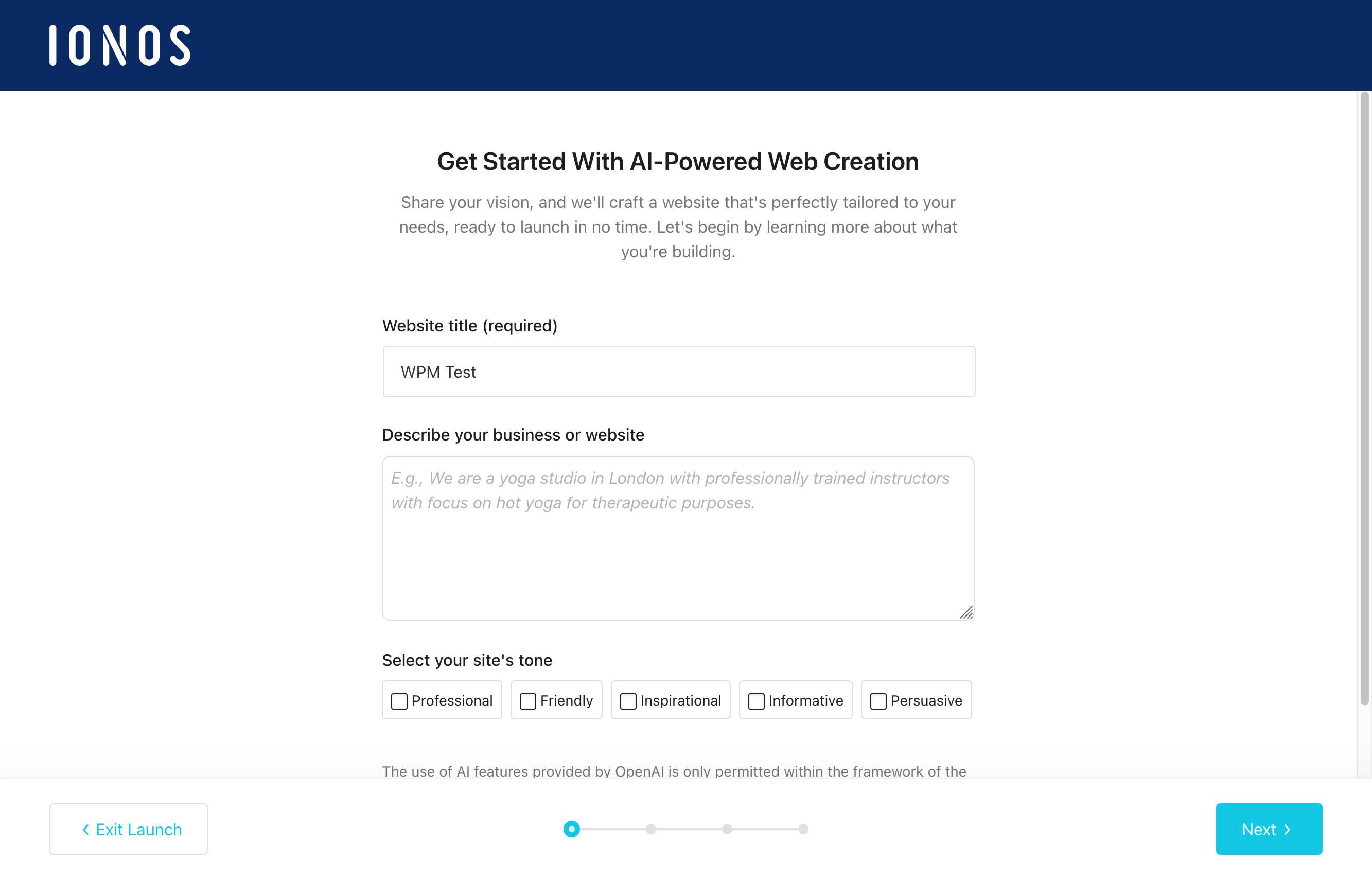 The My IONOS WordPress site assistant wizard.