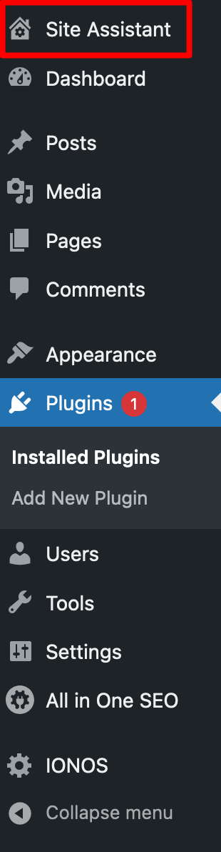 IONOS adds a "Site Assistant" menu to the WordPress sidebar.