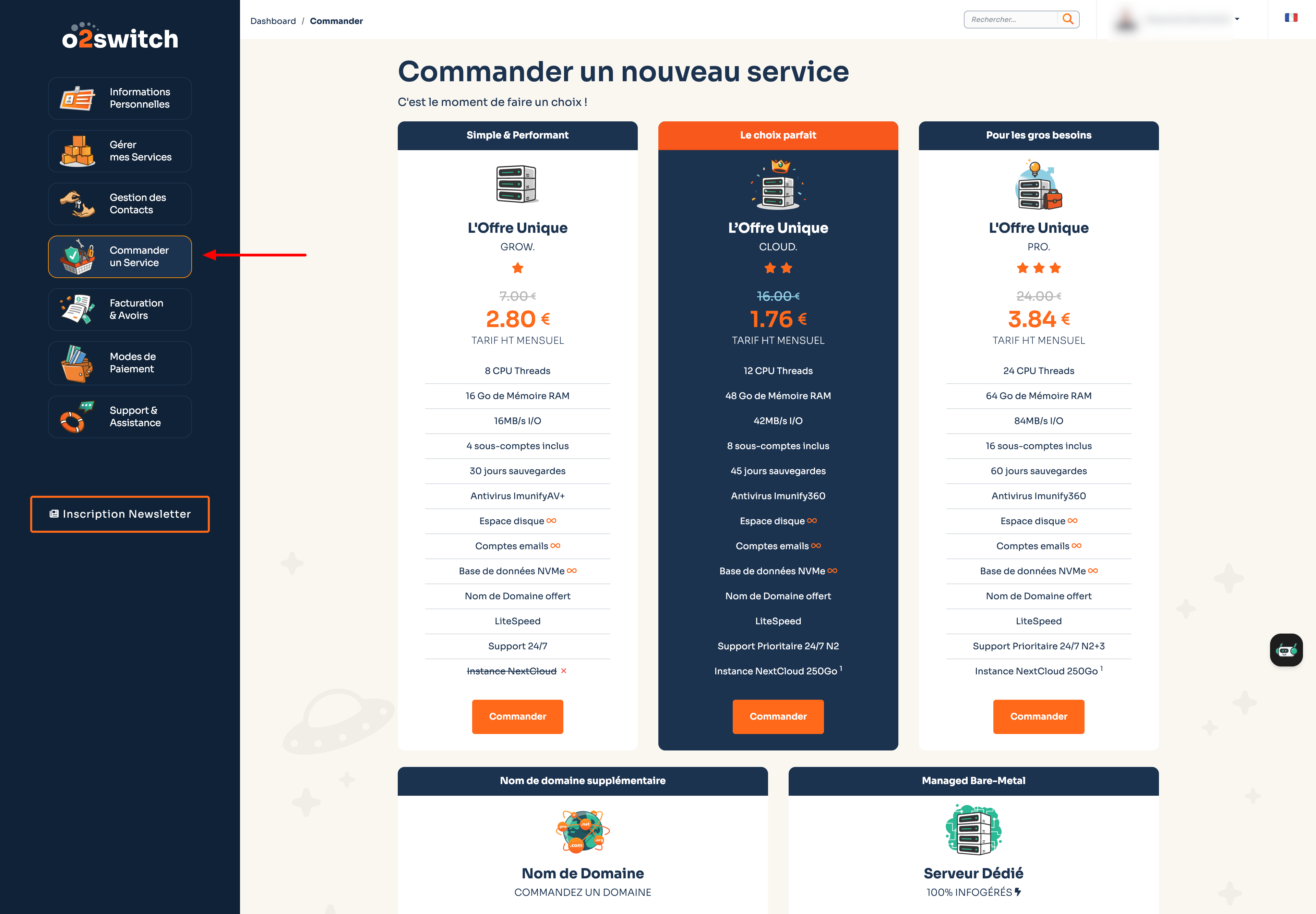 L'onglet "Commander un nouveau service" du tableau de bord o2switch.
