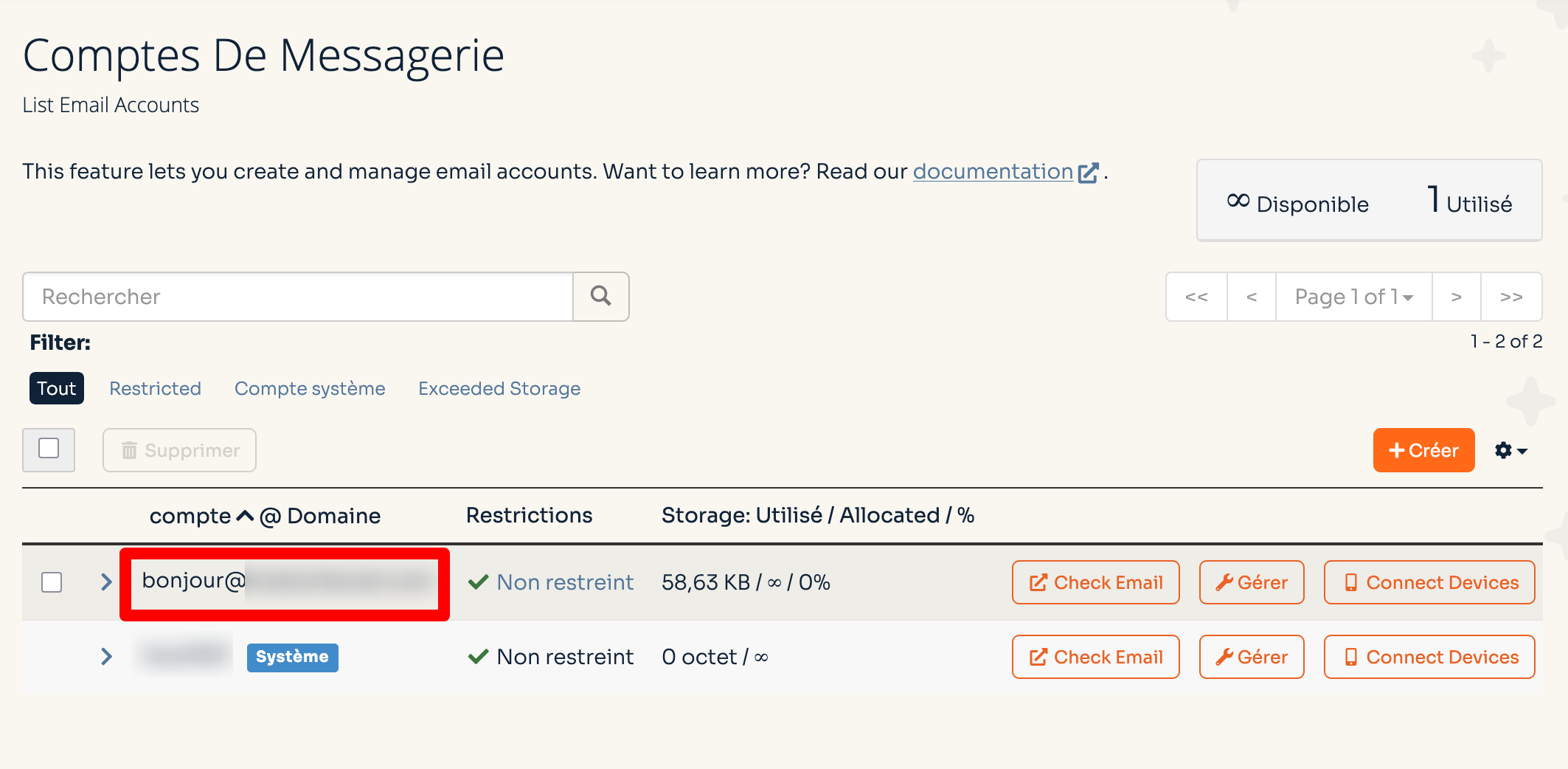 Une adresse sur les comptes de messagerie de cPanel.