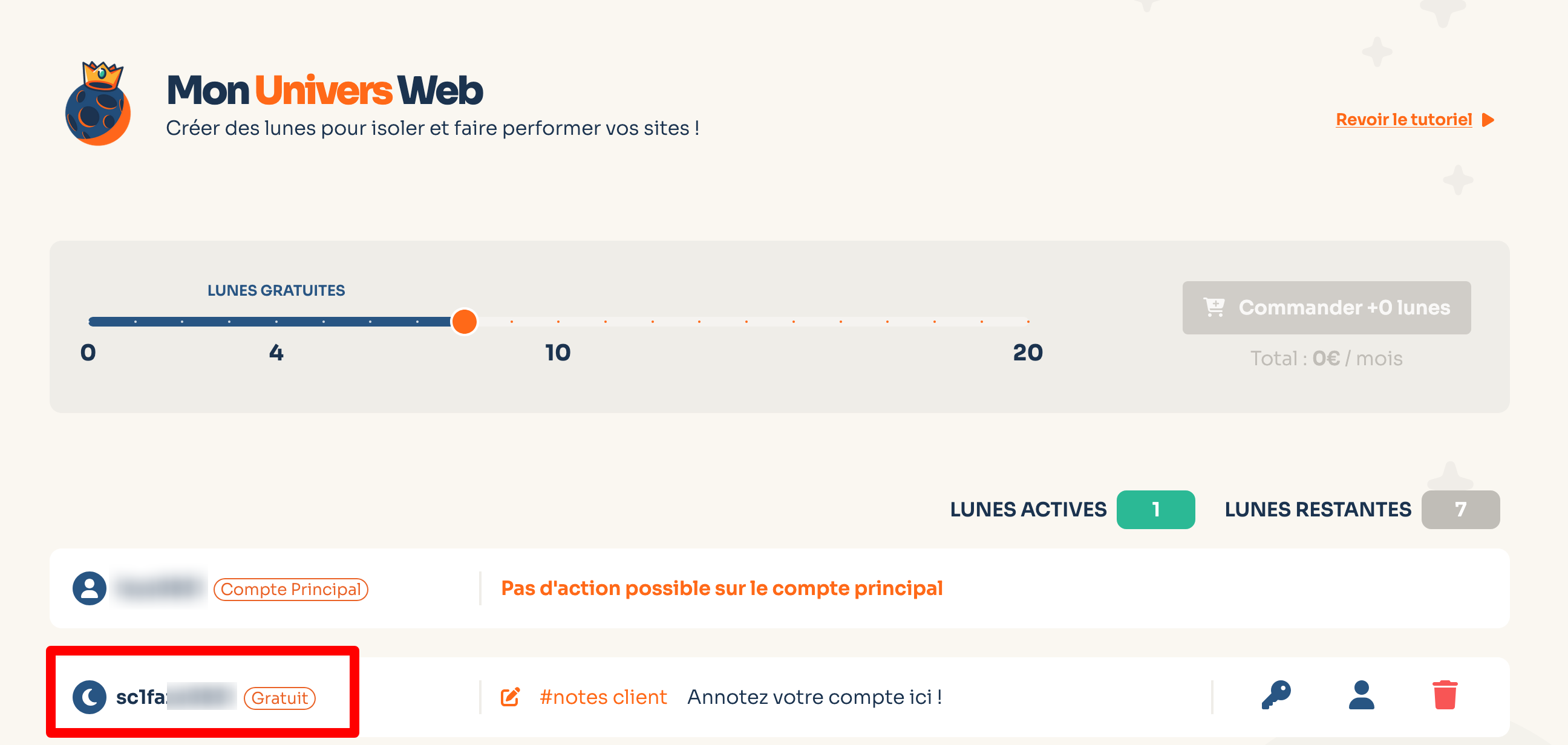L'interface de création d'une lune chez l'hébergeur o2switch.