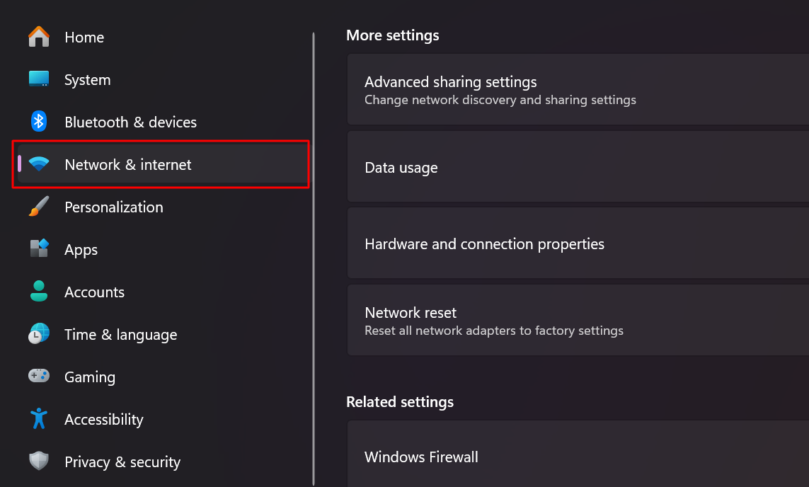 Accessing the "Network and internet" menu in the Windows settings.