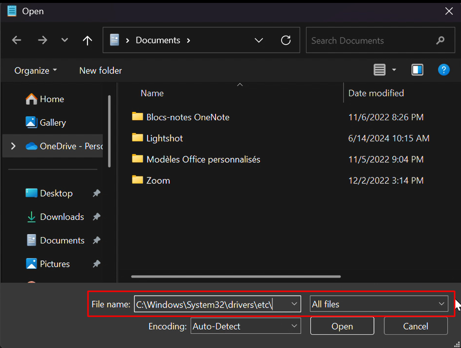 Searching for the hosts file in the Windows search bar.