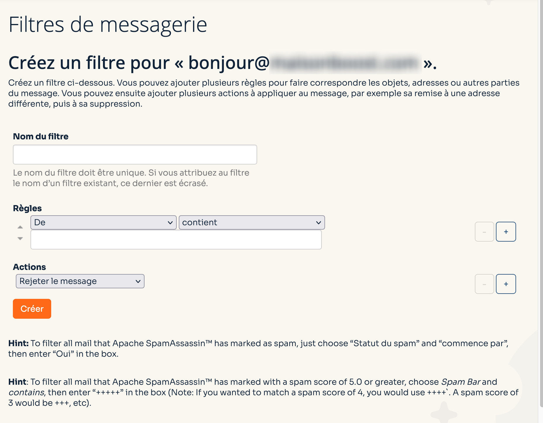 Création d'un filtre de messagerie sur cPanel.