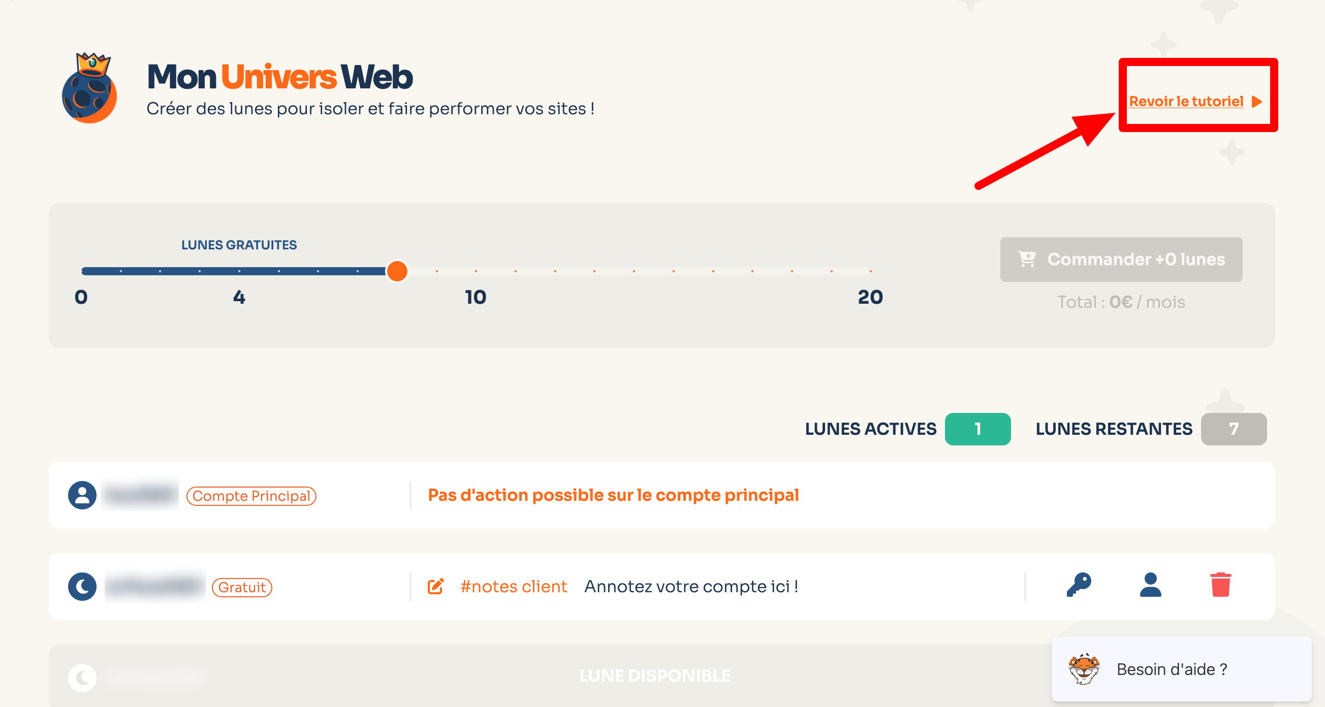 L'interface des lunes chez o2switch.