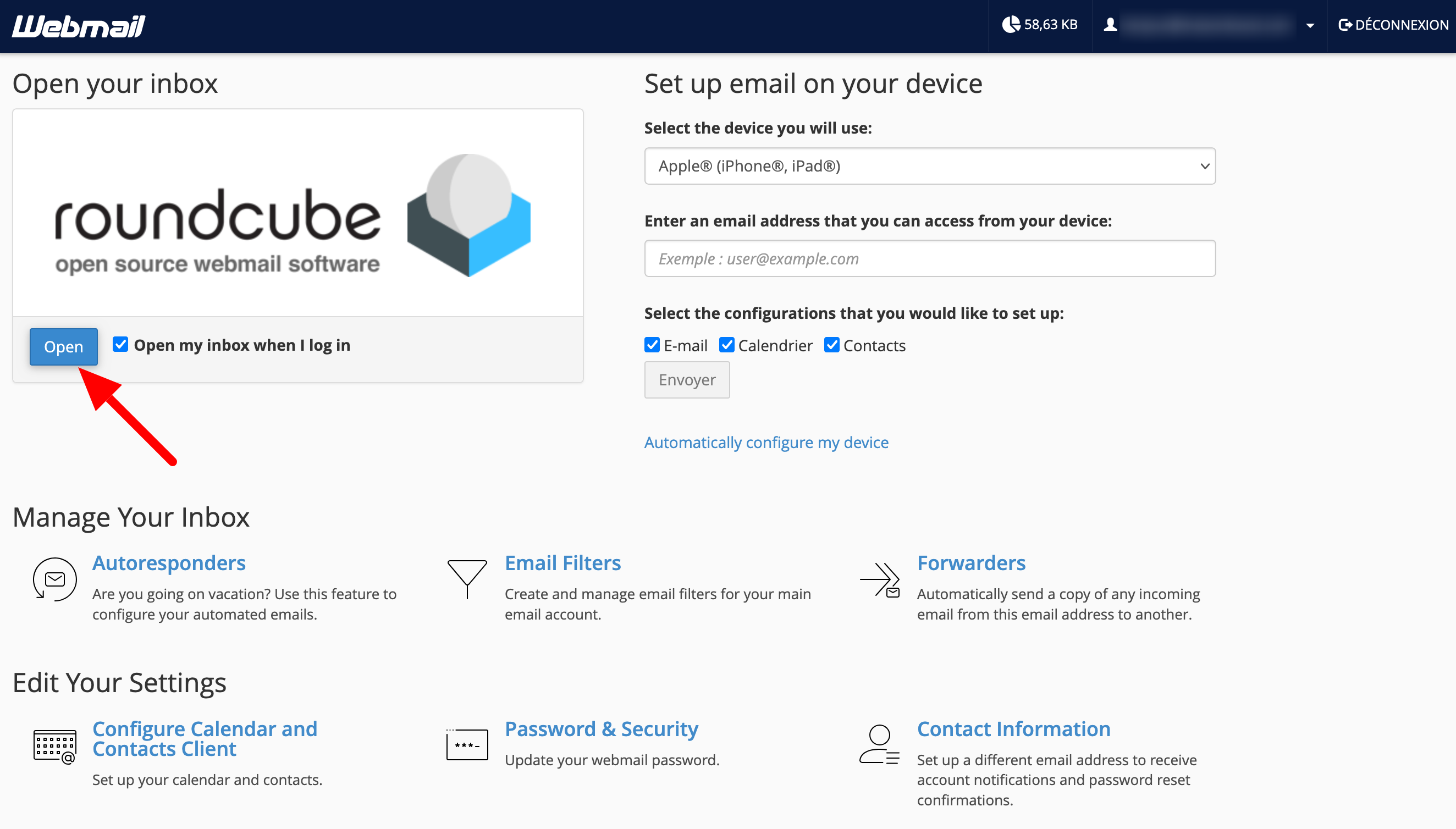 Le bouton Oepn pour ouvrir Roundcube sur cPanel.