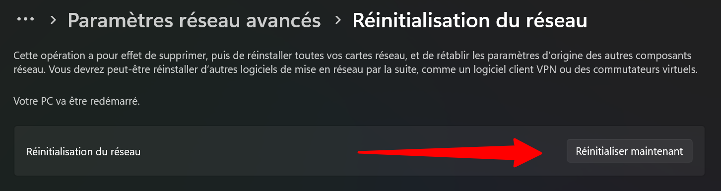 Réinitialisation du réseau sur Windows