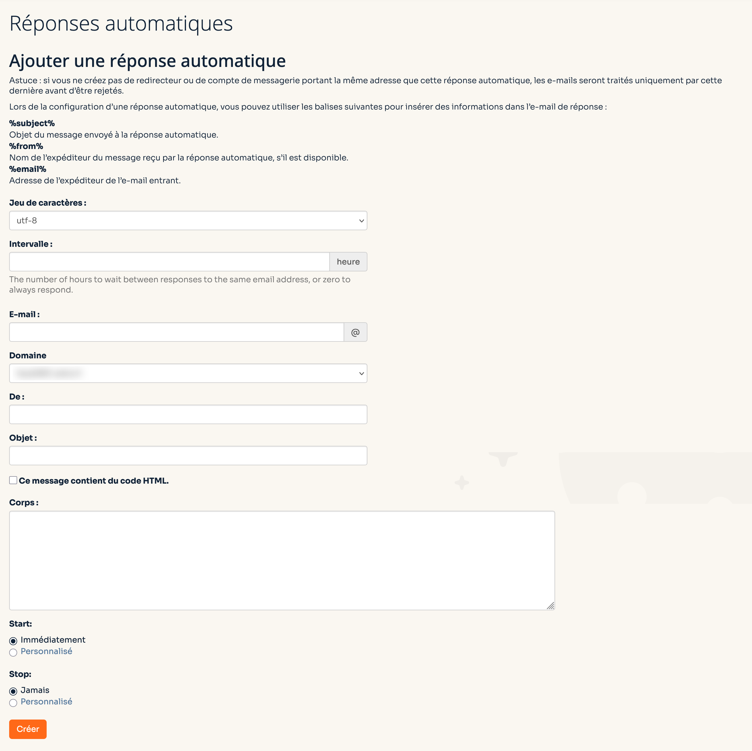 Menu de réponses automatiques sur le cPanel d'o2switch.