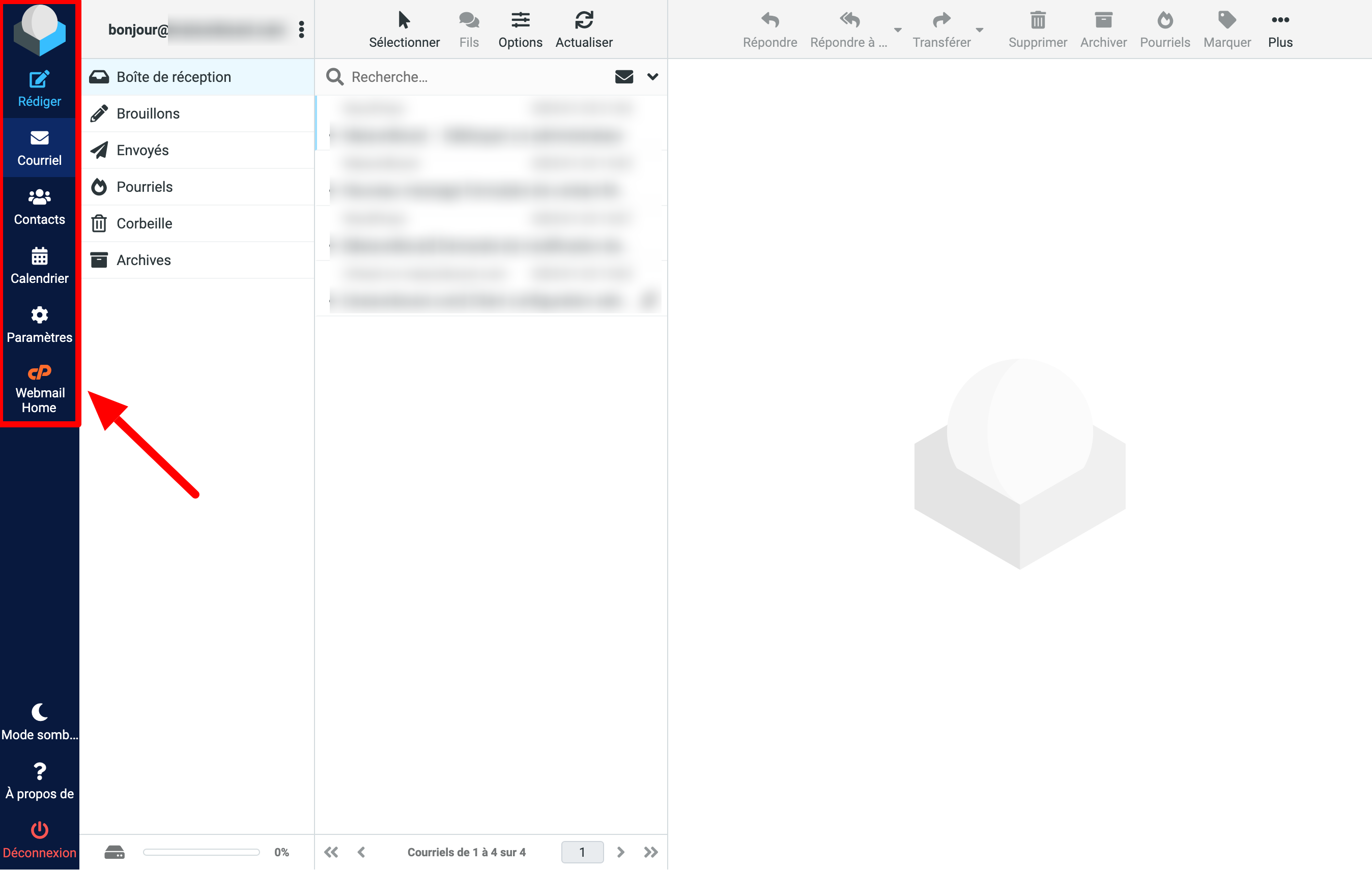 La barre latérale du webmail d'o2switch.