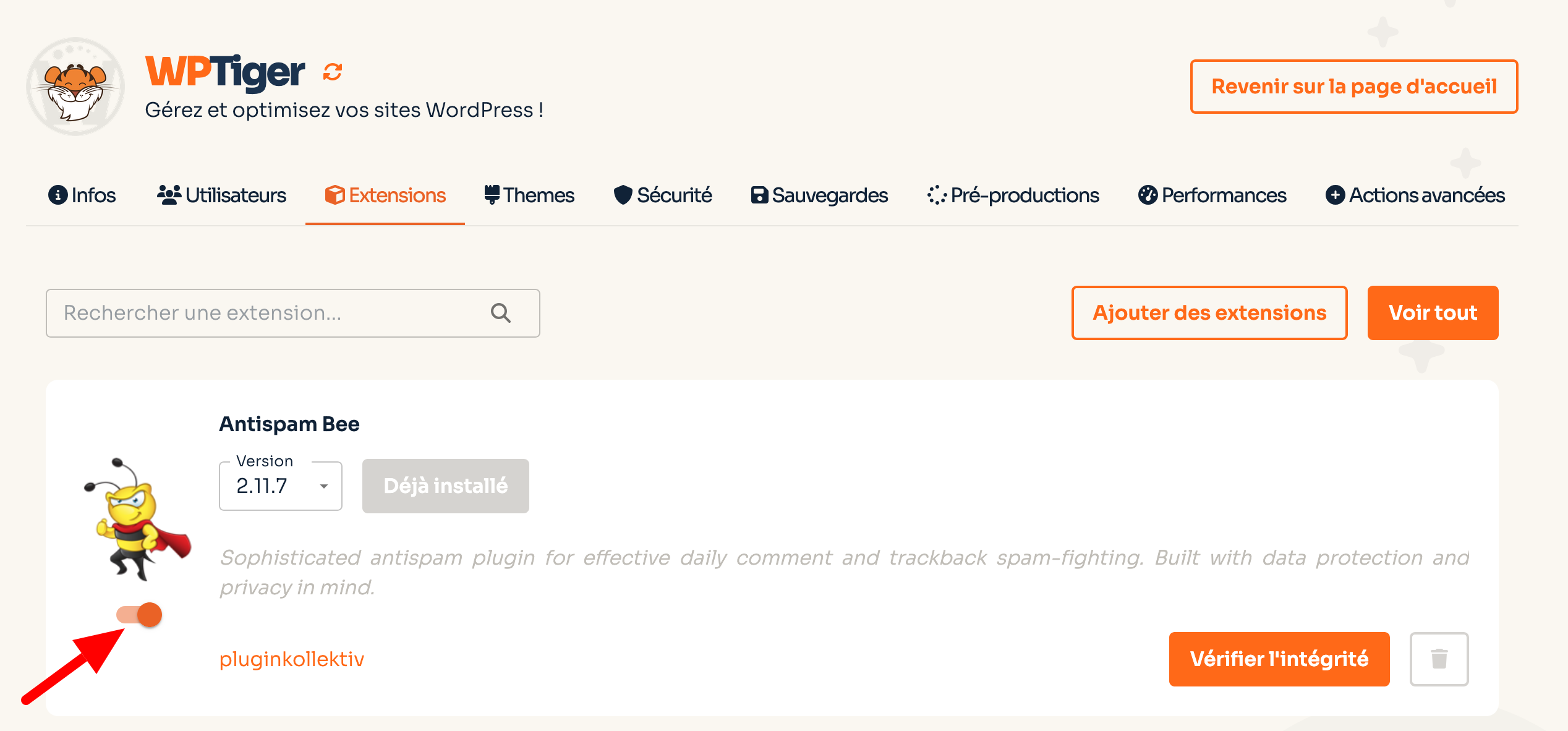 Activation ou désaction d'un plugin sur l'interface WP Tiger d'o2switch.